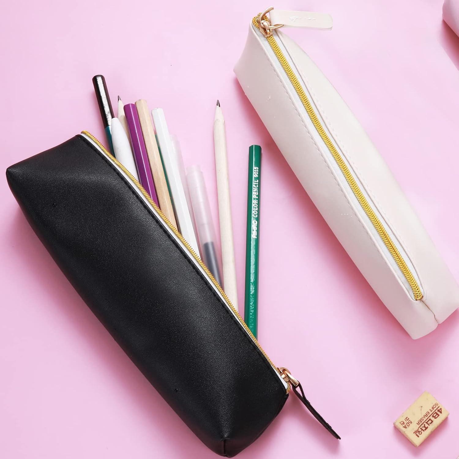 TIESOME Leather Pen Pencil Case 2PCS Cute Slim Pen Bag Small Pencil Pouch  Lovely Stationery Bag Portable Cosmetic Bag Zipper Bag for Pen Pencils  Markers(Black+White)