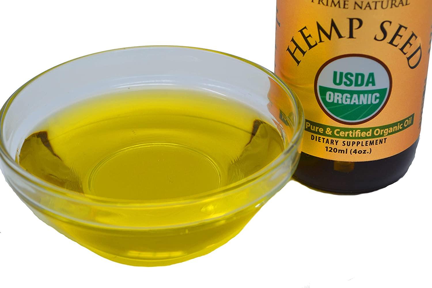  PRIME NATURAL Organic Hemp Seed Oil 4oz - USDA Certified -  Sativa Oil - Pure, Cold Pressed, Virgin, Unrefined, Vegan, Food Grade -  High Omega 3 6 9 Fatty Acids 