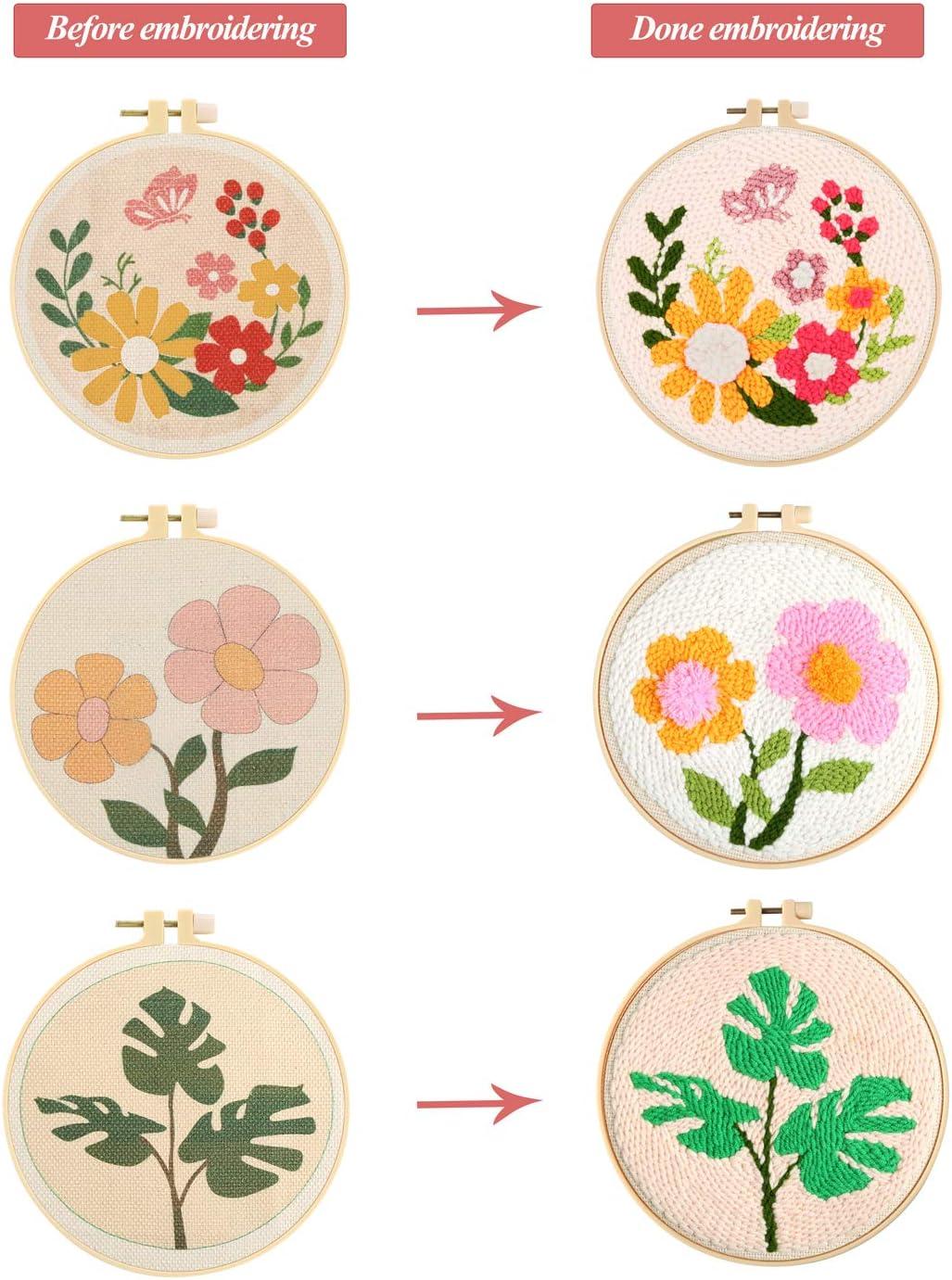 Pllieay Punch Needle Embroidery Starter Kits for Kids and Adults Beginners,  Include Instructions, Punch Needle Fabric with Floral Pattern, Yarns