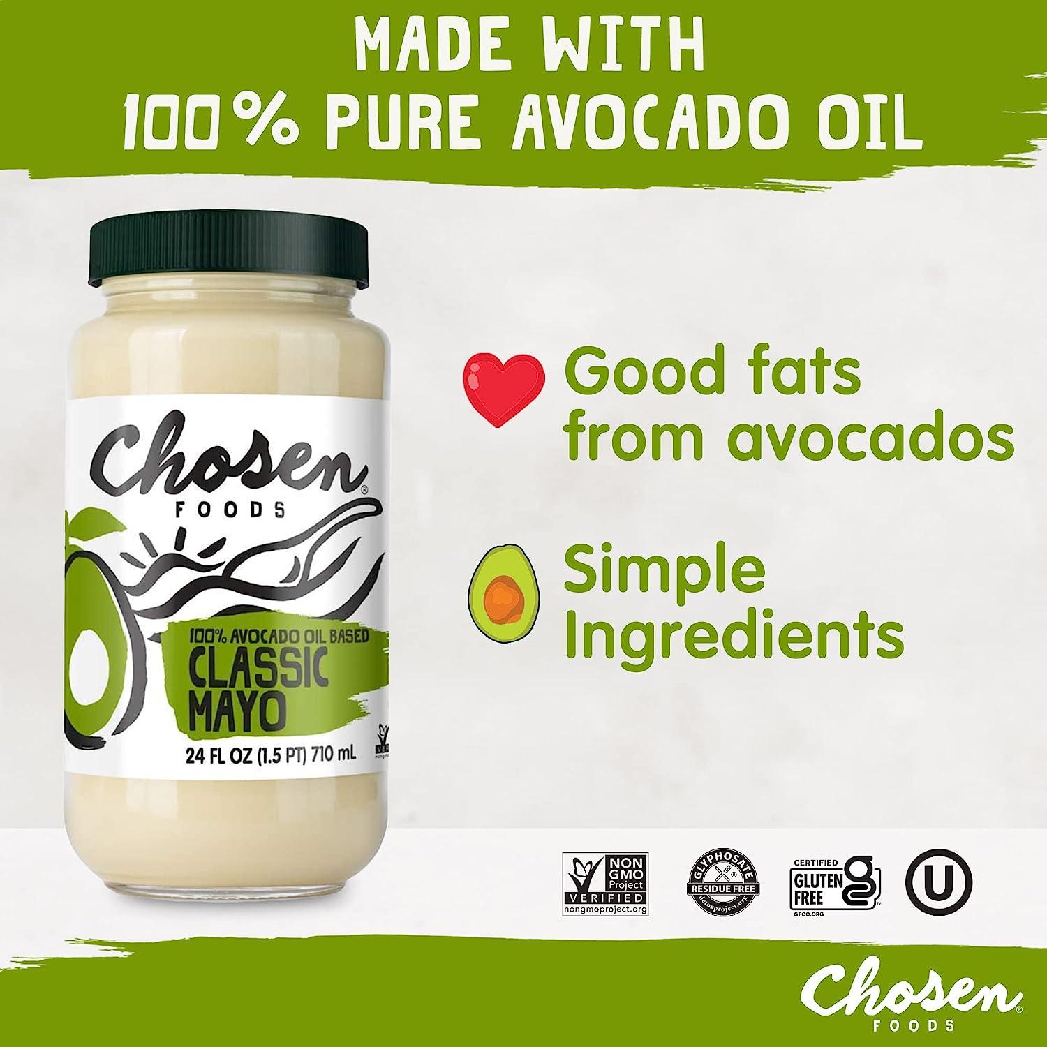 Chosen Foods Classic Keto Mayo, Non-GMO, Gluten Free, Dairy Free for  Sandwiches, Dressings, Sauces and Recipes, 12 Fl Oz (Pack of 6)
