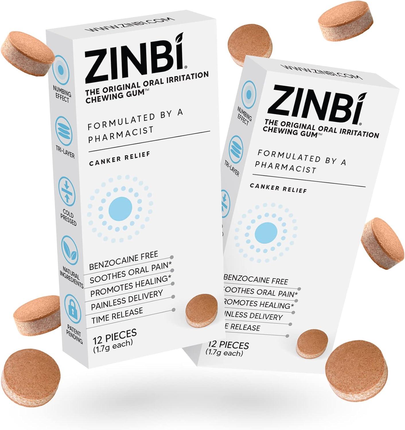 ZINBI Oral Irritation Chewing Gum (12 Count) Rapid Healing Natural