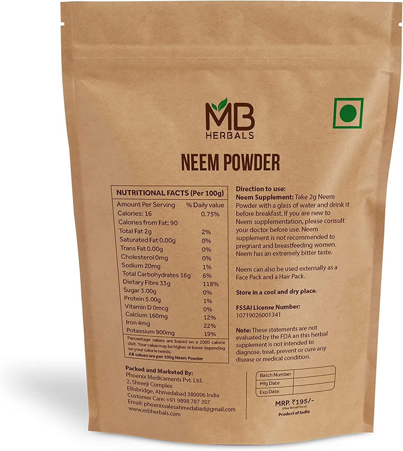 MB Herbals Pure Neem Leaf Powder 100 Gram / 3.5 oz Azadirachta Indica Wildcrafted Bitter