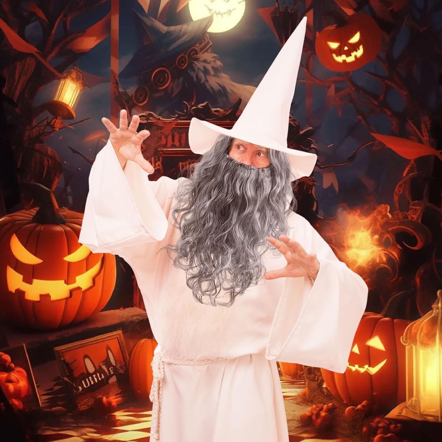 sachin and babi light blue dress UILYNIU Wizard Wig and Long Beard Men's Long Curly Grey Wig Cosplay Wizard  Sorcerer Prophet Wig