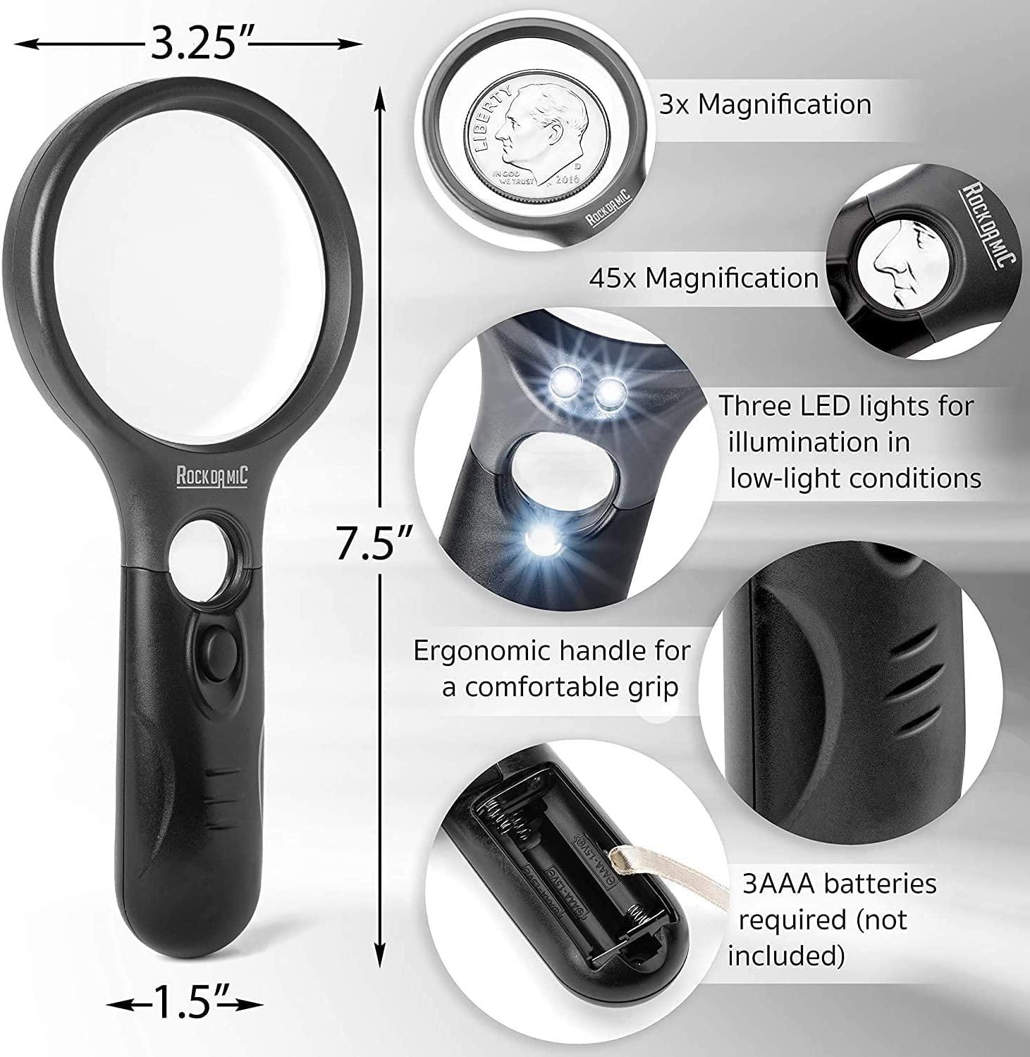 RockDaMic Professional Magnifying Glass with Light - 3X/45X Handheld ...
