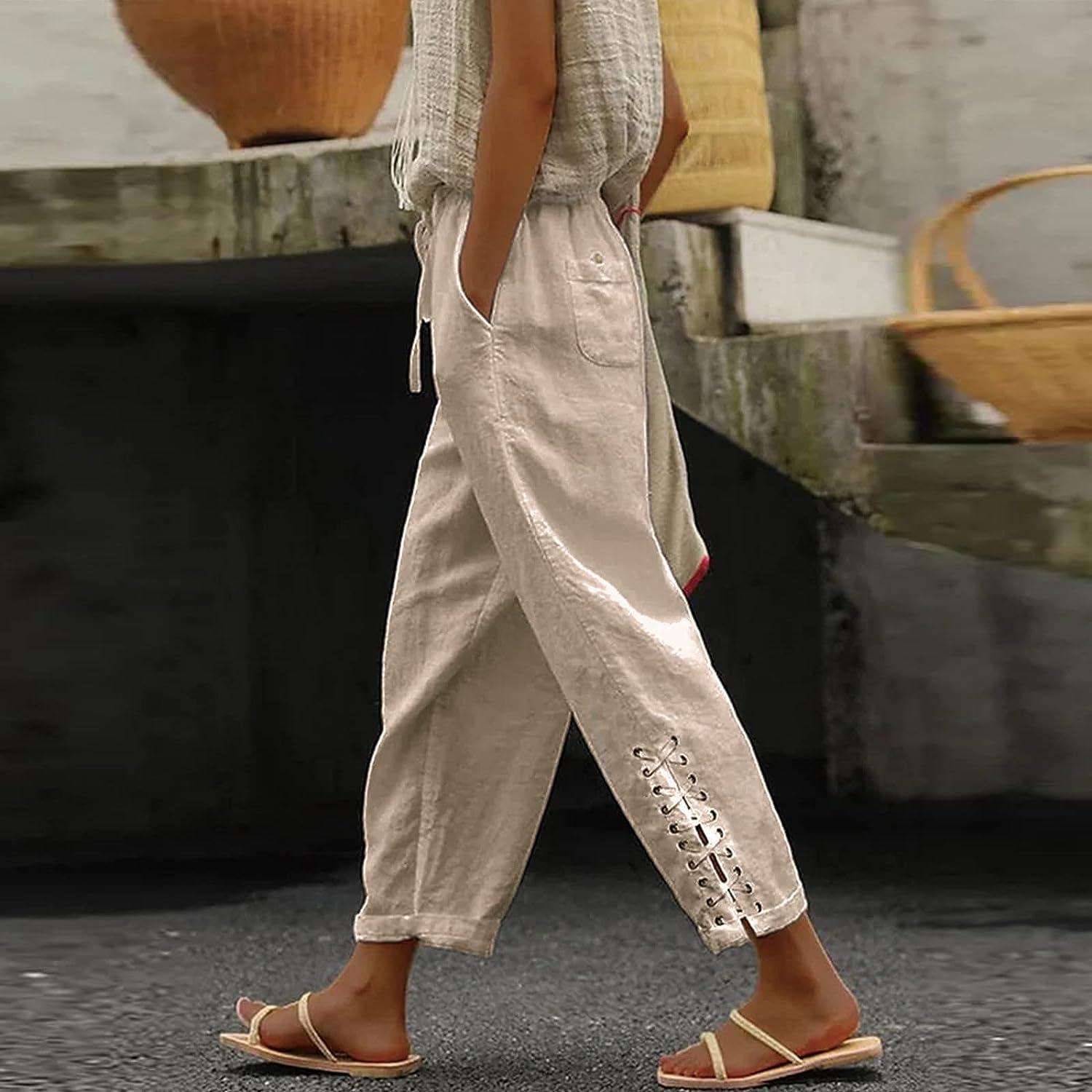 Womens Linen Pants Chic Side Hollow Out Tapered Harem Pants Casual