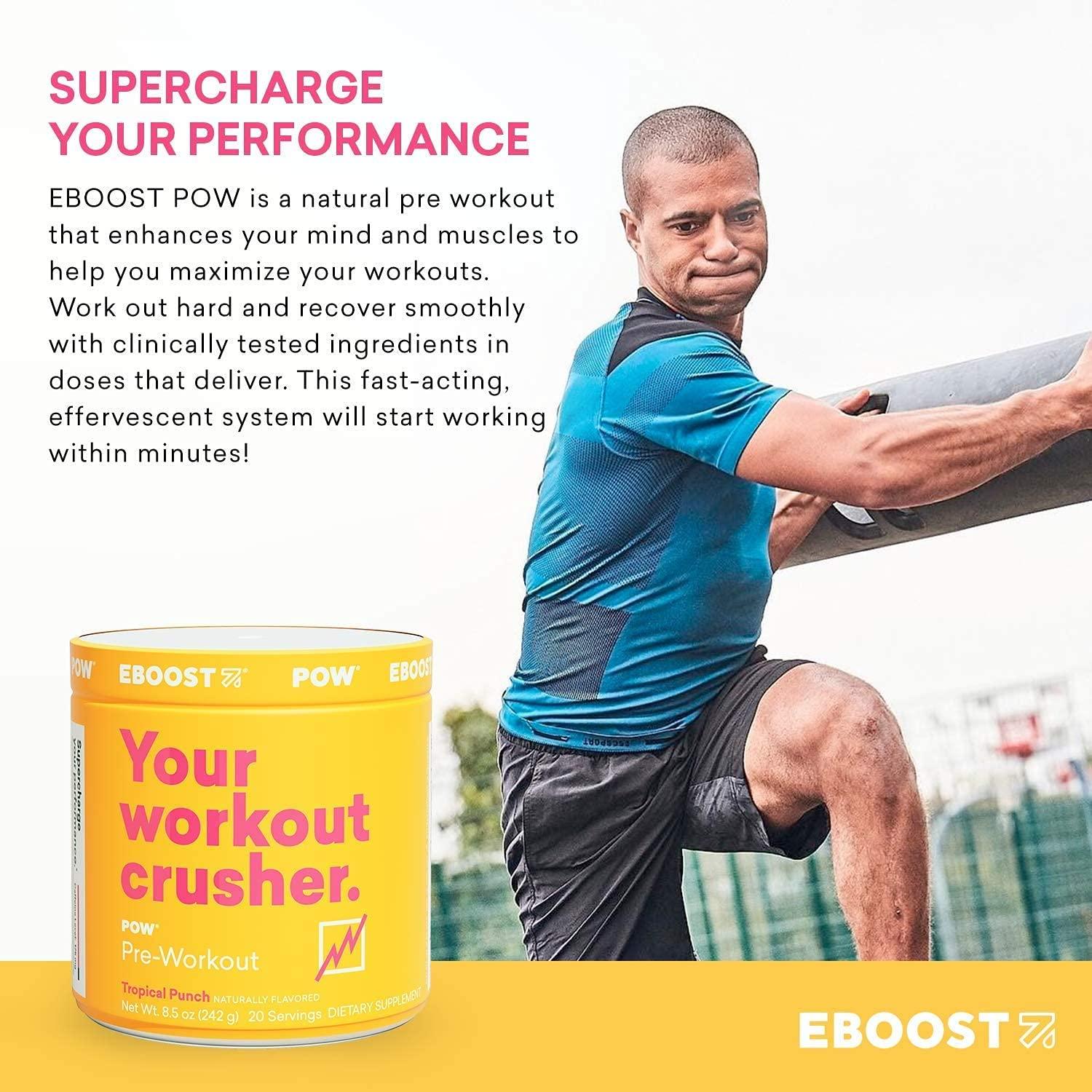 EBOOST POW Natural Pre Workout Powder - Berry Melon Fizz 15 Packets Energy Booster