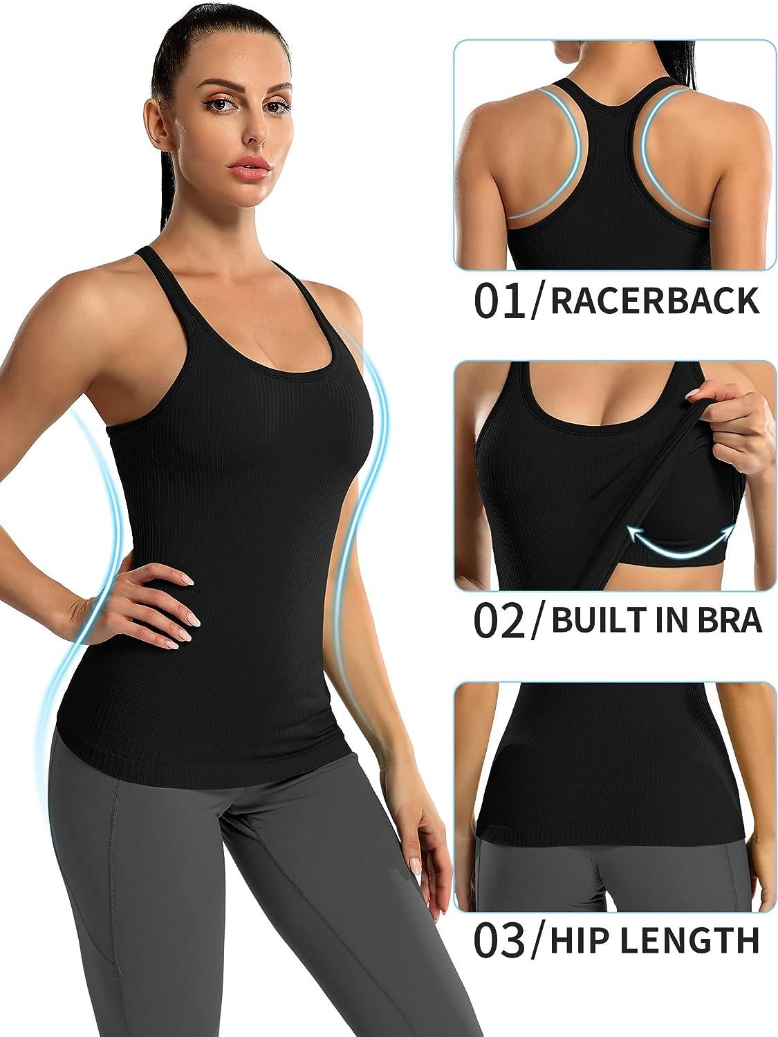 ATTRACO Ribbed Workout Tank Tops for Women with Built in Bra Tight Racerback  Scoop Neck Athletic Top Large Black