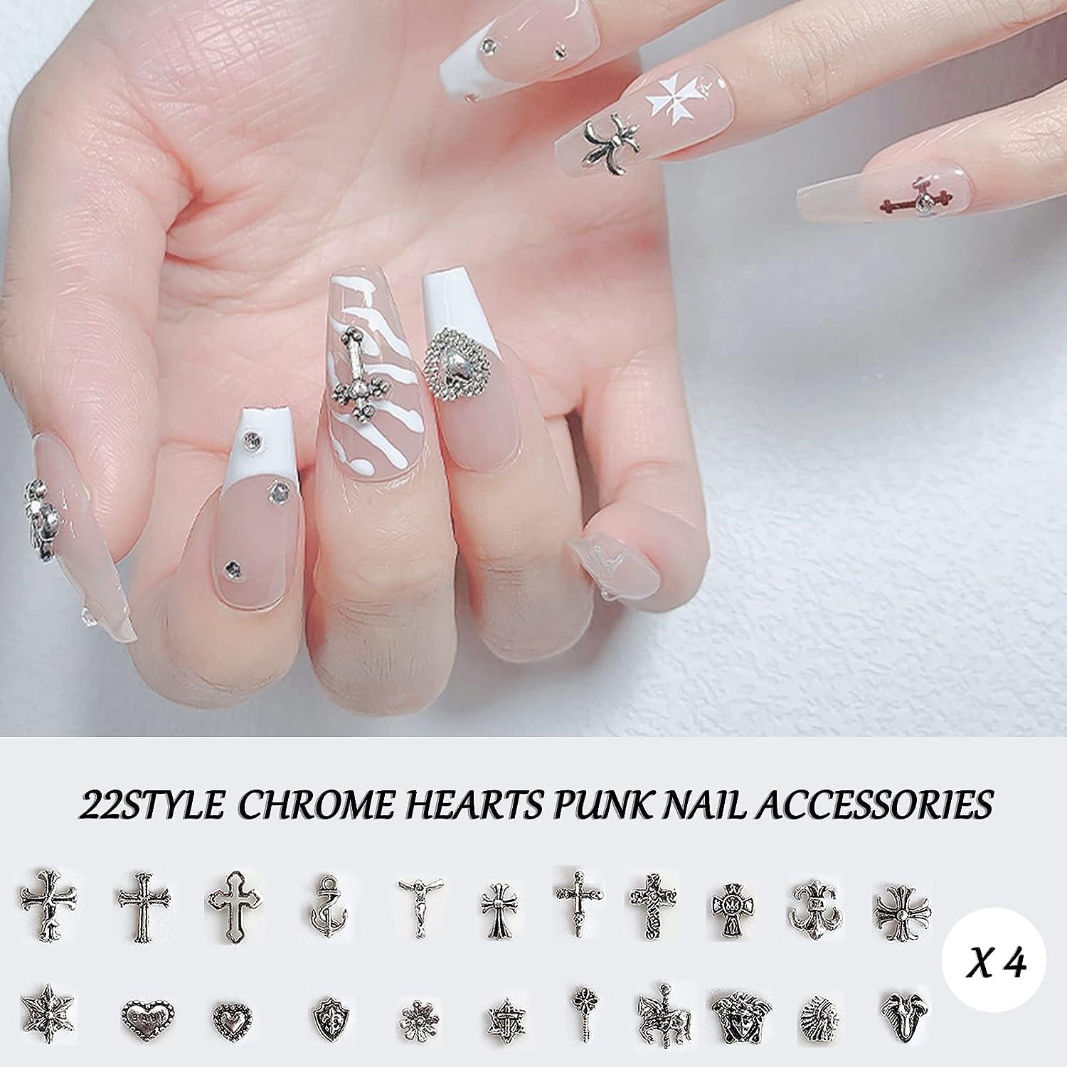 Spaidoon Chrome Hearts Nail Charms, 3D Silver Metal Cross Punk Nail Charms  for Acrylic Nail Art Decoration, Nail Bling Rhinestones and Flower Charms  with Rhinestone Glue