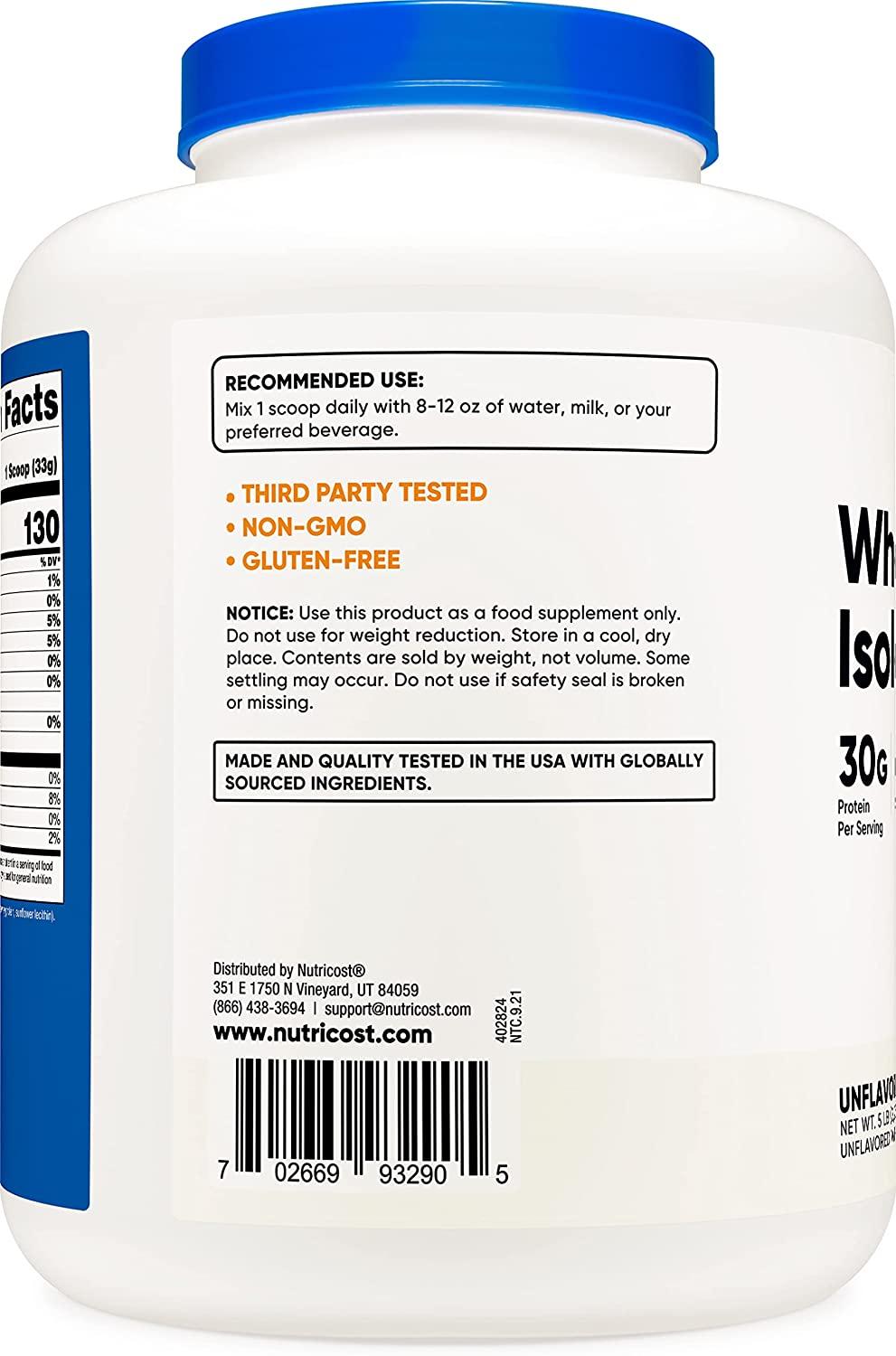 Nutricost Whey Protein Isolate 5LB Unflavored, Pack of 1