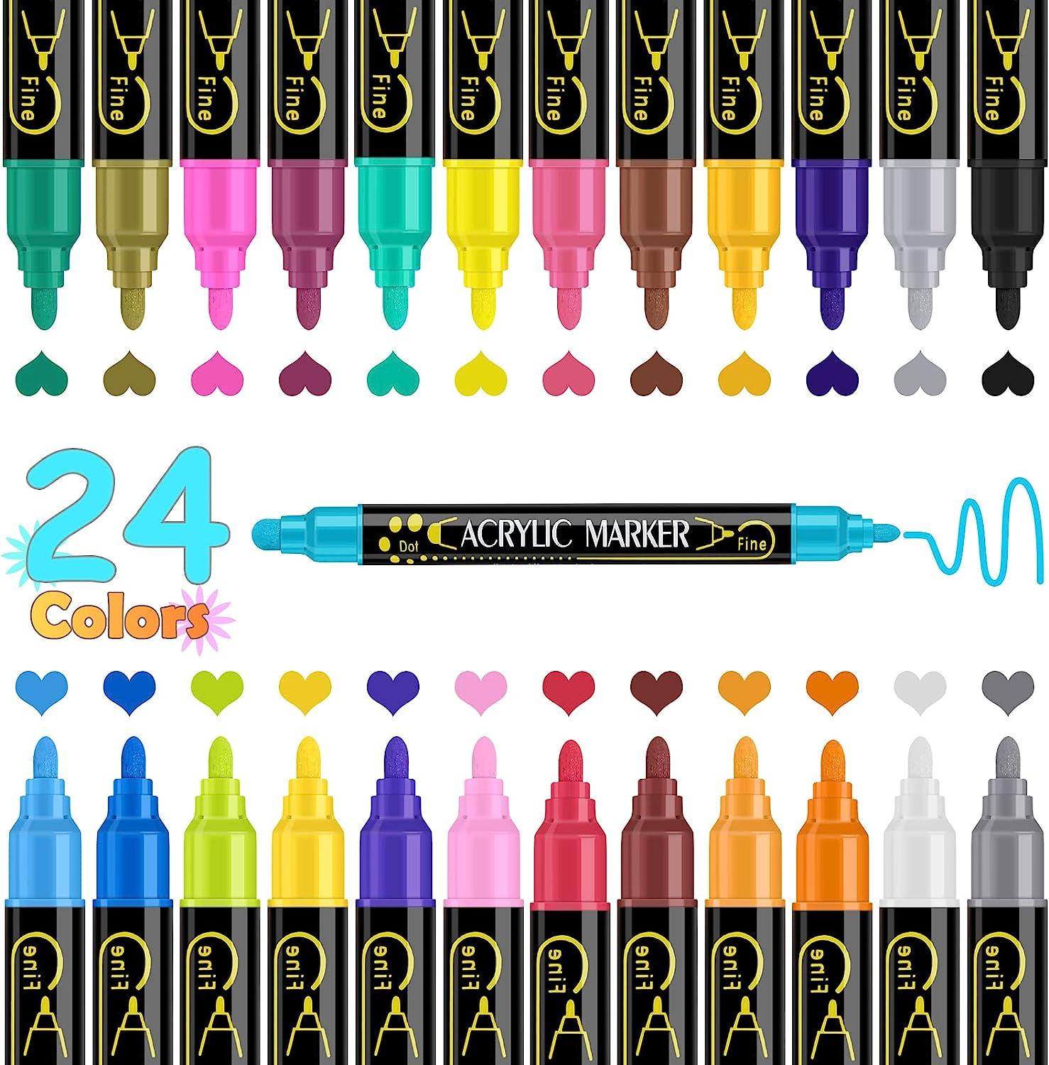24 Colors Dual Tip Acrylic Paint Pens Markers, Brush Tip Paint Markers for  Wo