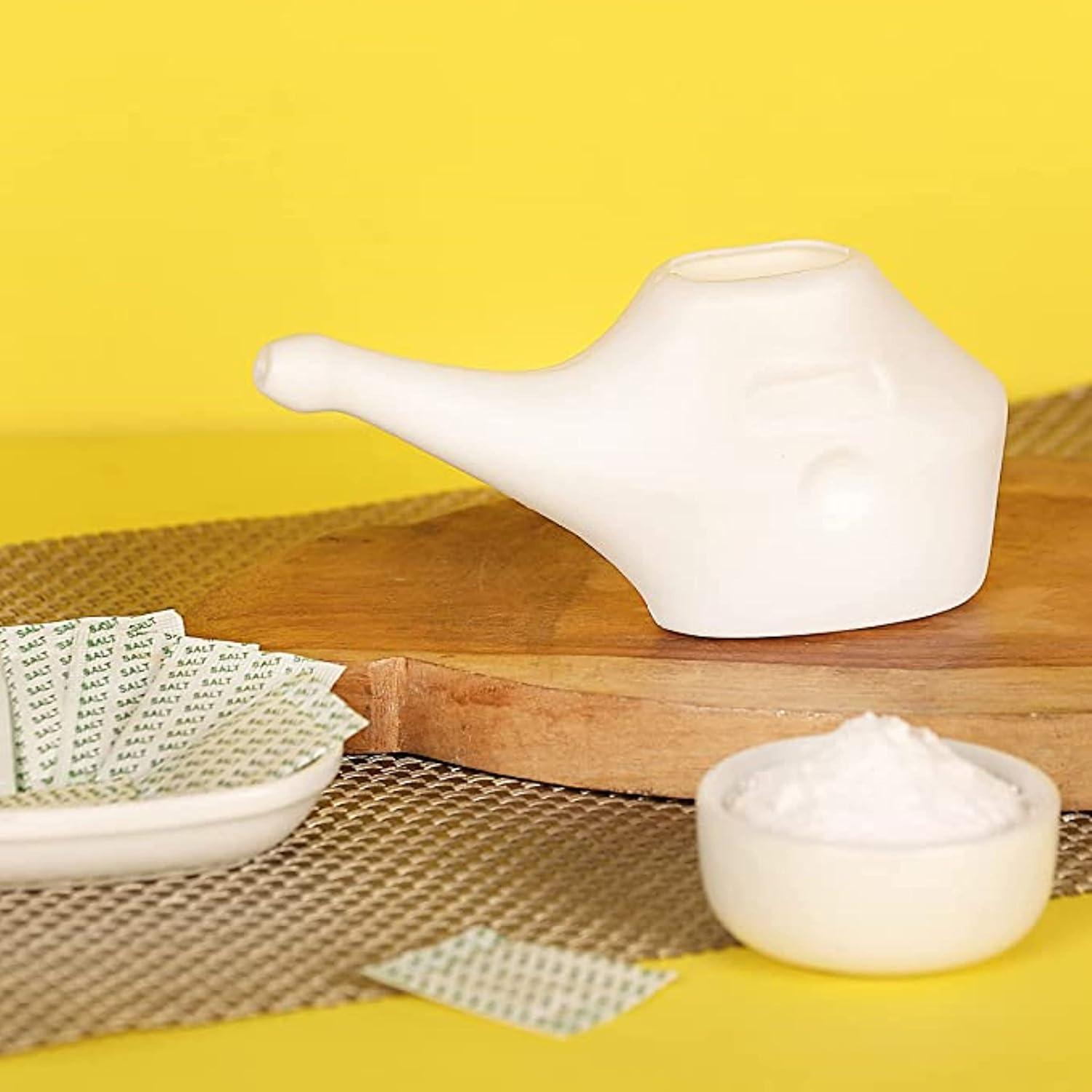 Set of 2 LightWeight Neti Pots Unbreakable Plastic for Travel Includes 5 Sachets Salt + 2