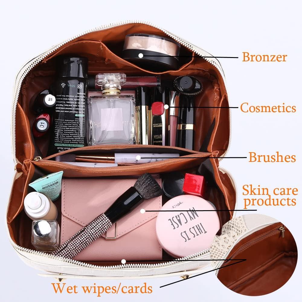  Large Capacity Travel Cosmetic Bag Plaid Checkered Makeup Bag  Portable Leather Waterproof Skincare Bag with Handle and Divider for Women  : Beauty & Personal Care