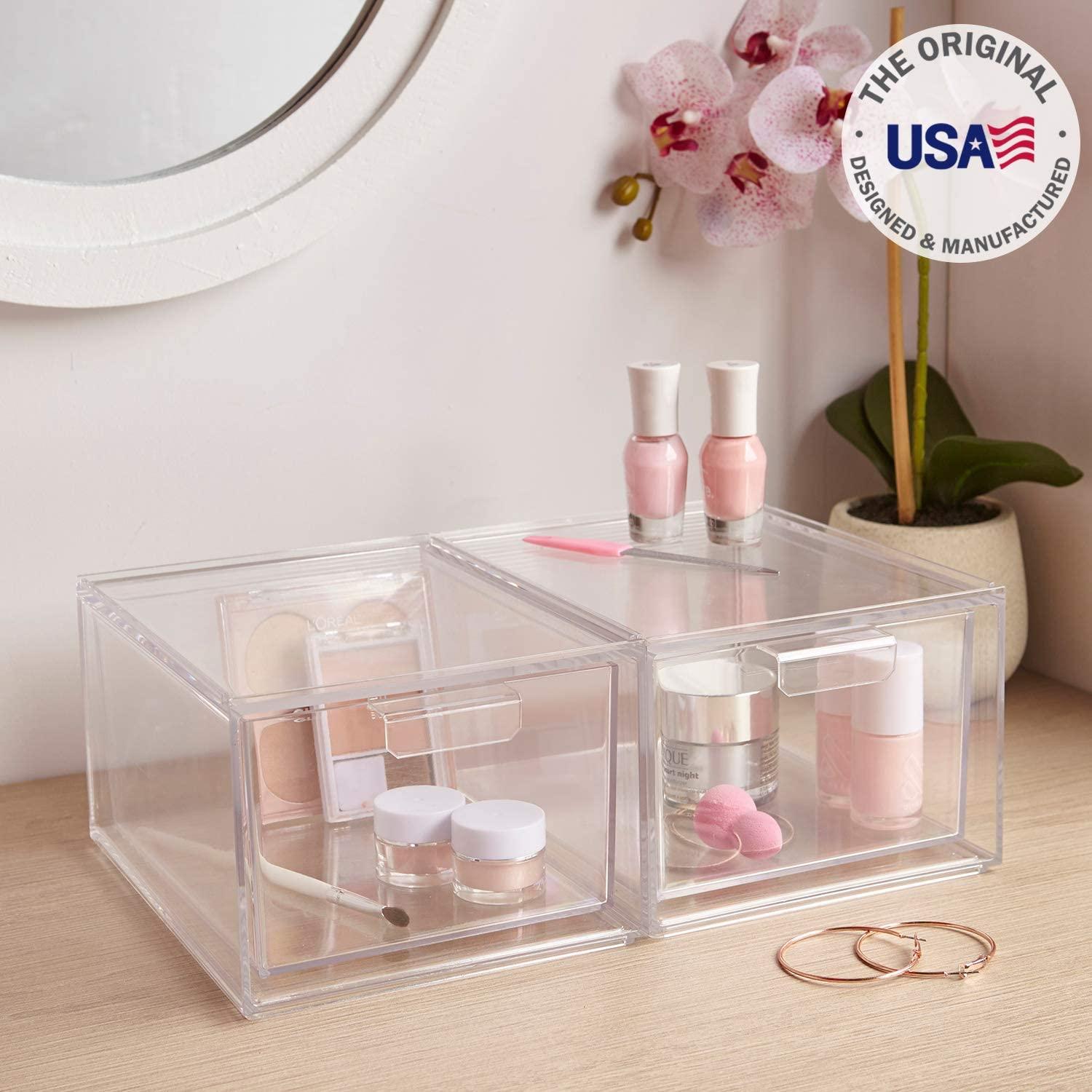 STORi Audrey Stackable Bin Clear Plastic Organizer Drawers, 2 Piece Set, Organize Cosmetics and Beauty Supplies on a Vanity, Made in USA