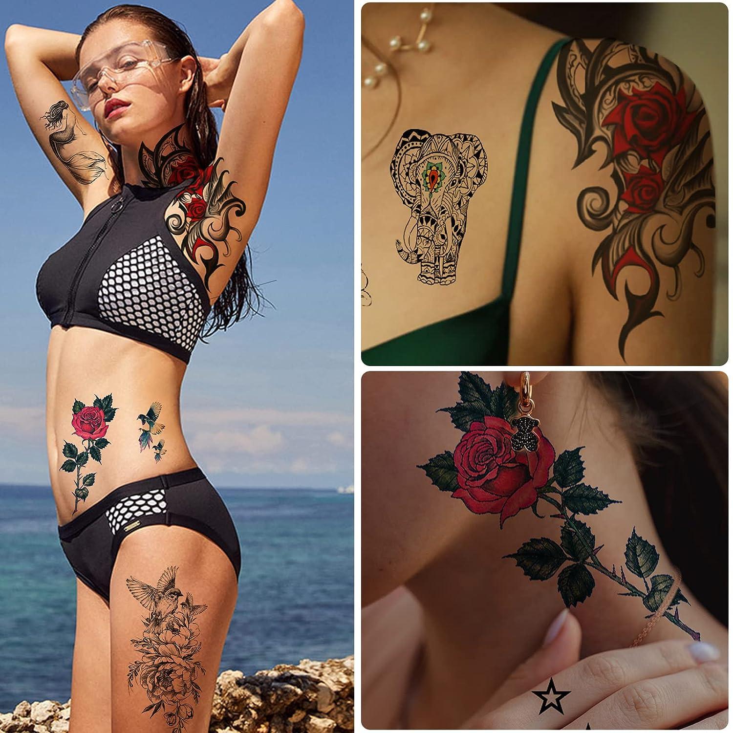 52 Sheets Temporary Tattoos For Women Girl Adults Including 6 Sheets Large  Black Flowers and 6 Sheets Middle-Sized Colourful Rose Fake Waterproof  Temporary Tattoos Stickers with Long Lasting Arm or Body.