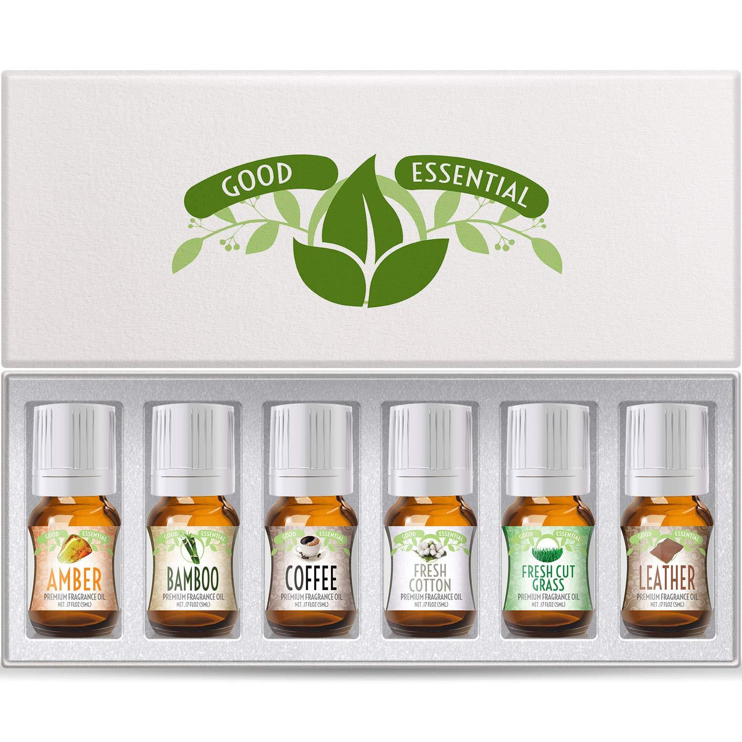 Fragrance Oils Set of 6 Scented Oils from Good Essential - Amber Oil Coffee  Oil Leather Oil Fresh Cotton Oil Fresh Cut Grass Oil Bamboo Oil:  Aromatherapy Perfume Soaps Candles Slime Lotions!
