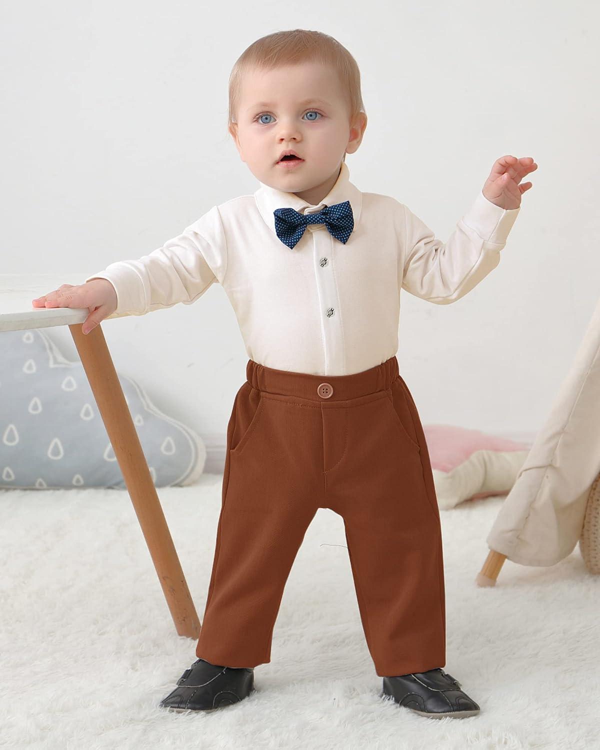 Baby Boy Formal Tuxedo Clothing Set 3 6 Months Brown Gentleman Romper Jumpsuit with Bow Tie and Pants