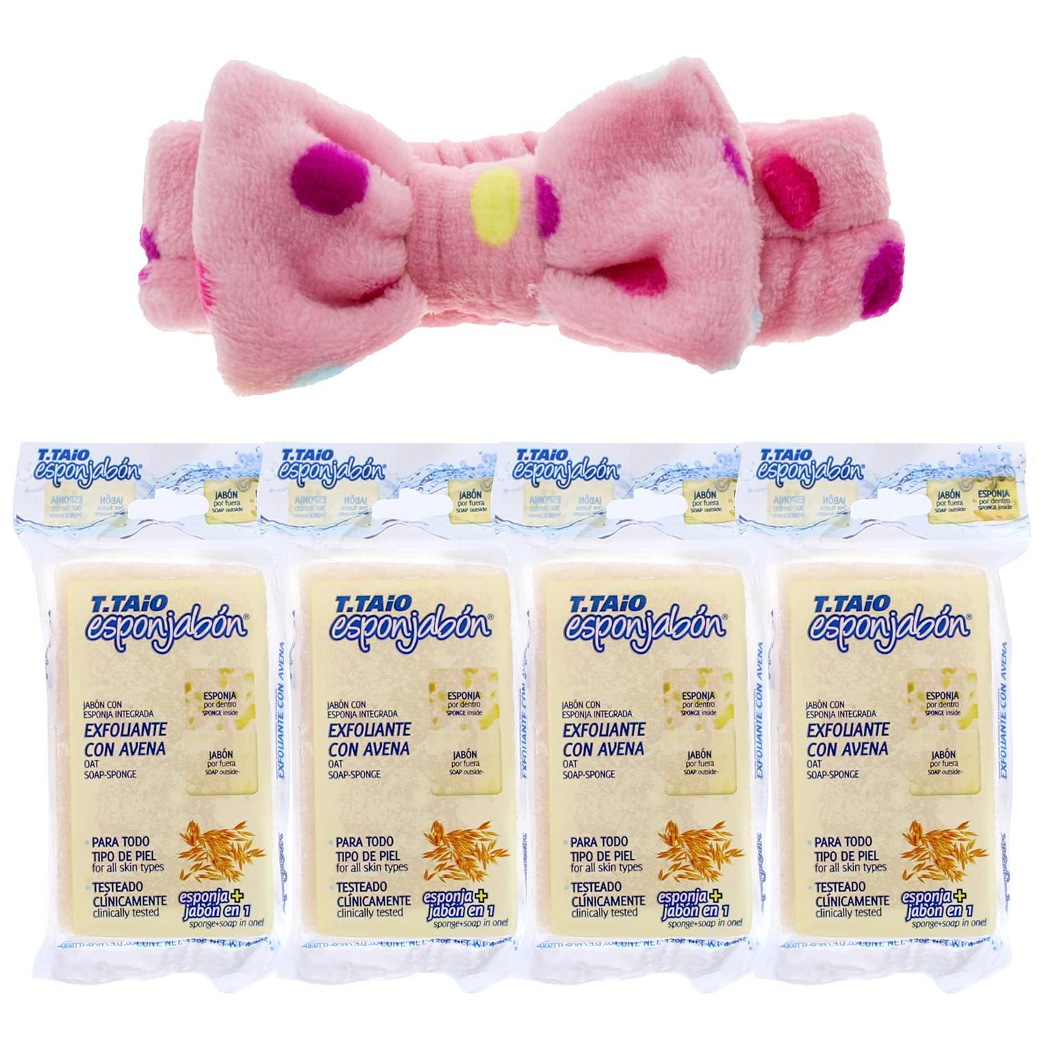 T. Taio Esponjabon Skin Lightening Oatmeal Exfoliating Soap Sponge (Avena)  Pack of 4 Bundle with Premium Penguin Spa Bow Headband(s)- Designs May  Vary. Perfect for Valentine's Day.