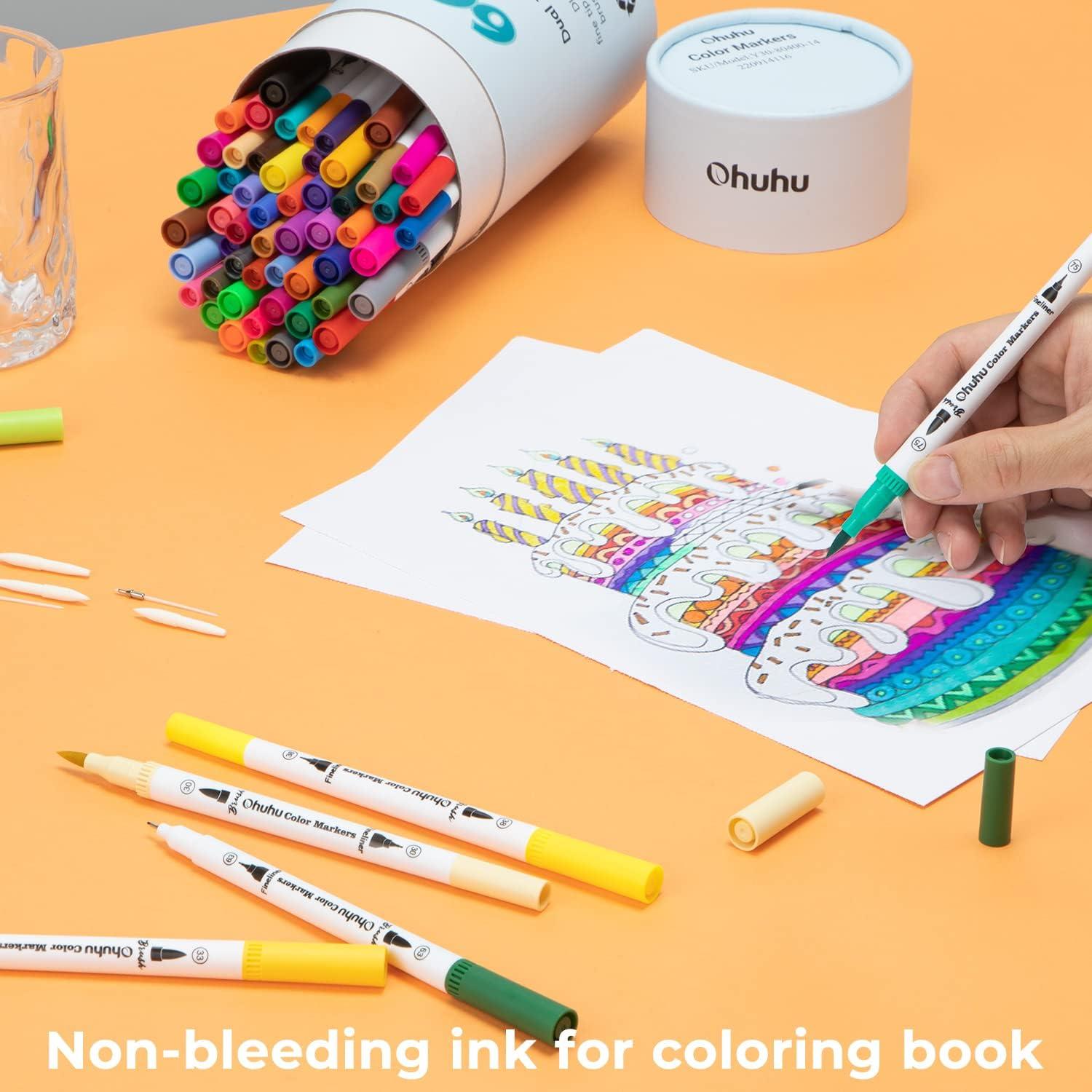 Ohuhu Markers for Adult Coloring Books: 60 Colors Dual Brush Fine Tips Art  Marker Pens - Watercolor Markers for Kids Adults Lettering Drawing  Sketching Bullet Journal - Non-Bleed Non-Toxic - White White Package