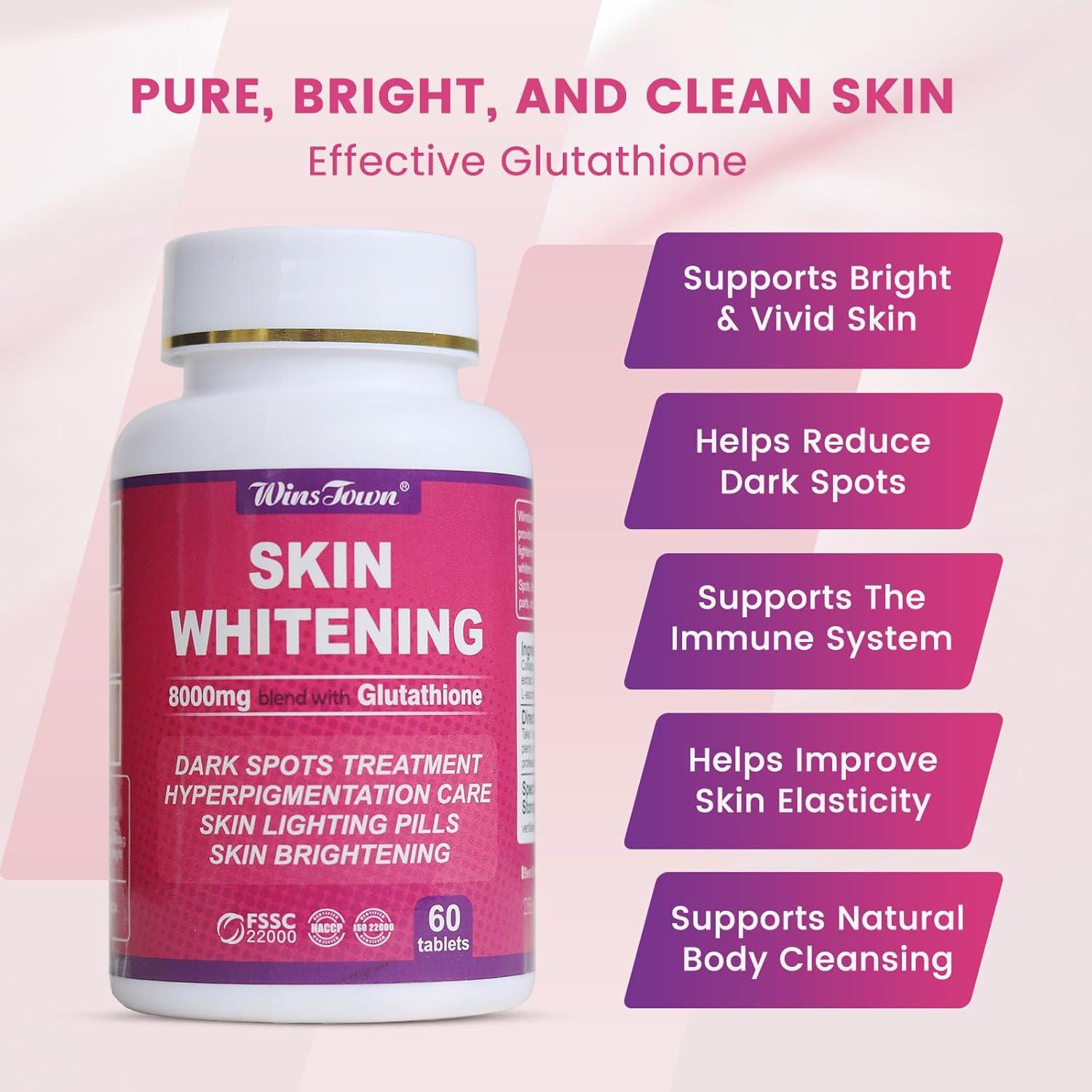 8000mg Glutathione Skin Whitening Tablets | Lighten Dark Spots & Acne Scars  | 60 Tablets Supplement | Buy Now with Express International Delivery