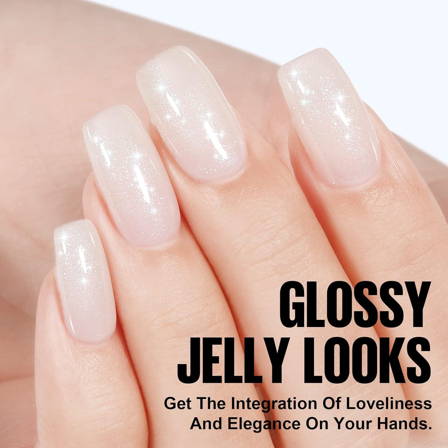 Glitter Nude Nails with a Glossy Finish