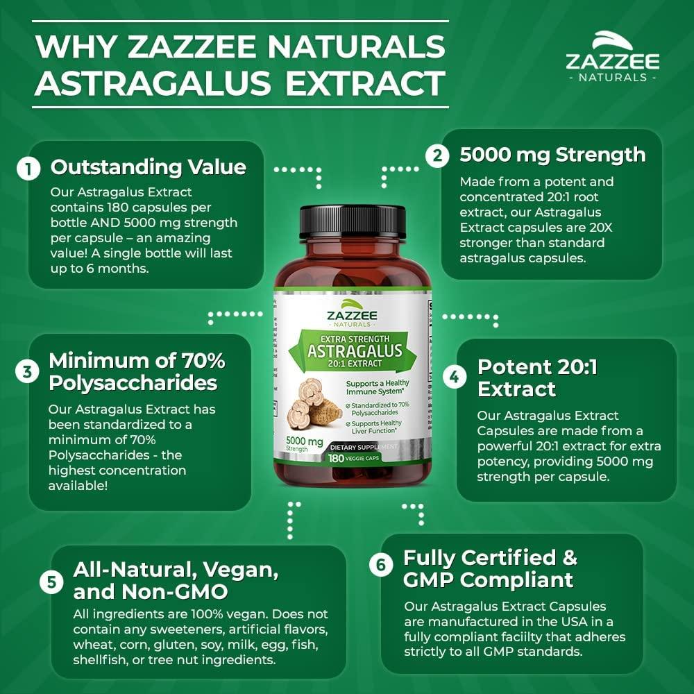 Zazzee Extra Strength Astragalus Root Extract 5000mg 180 Vegan