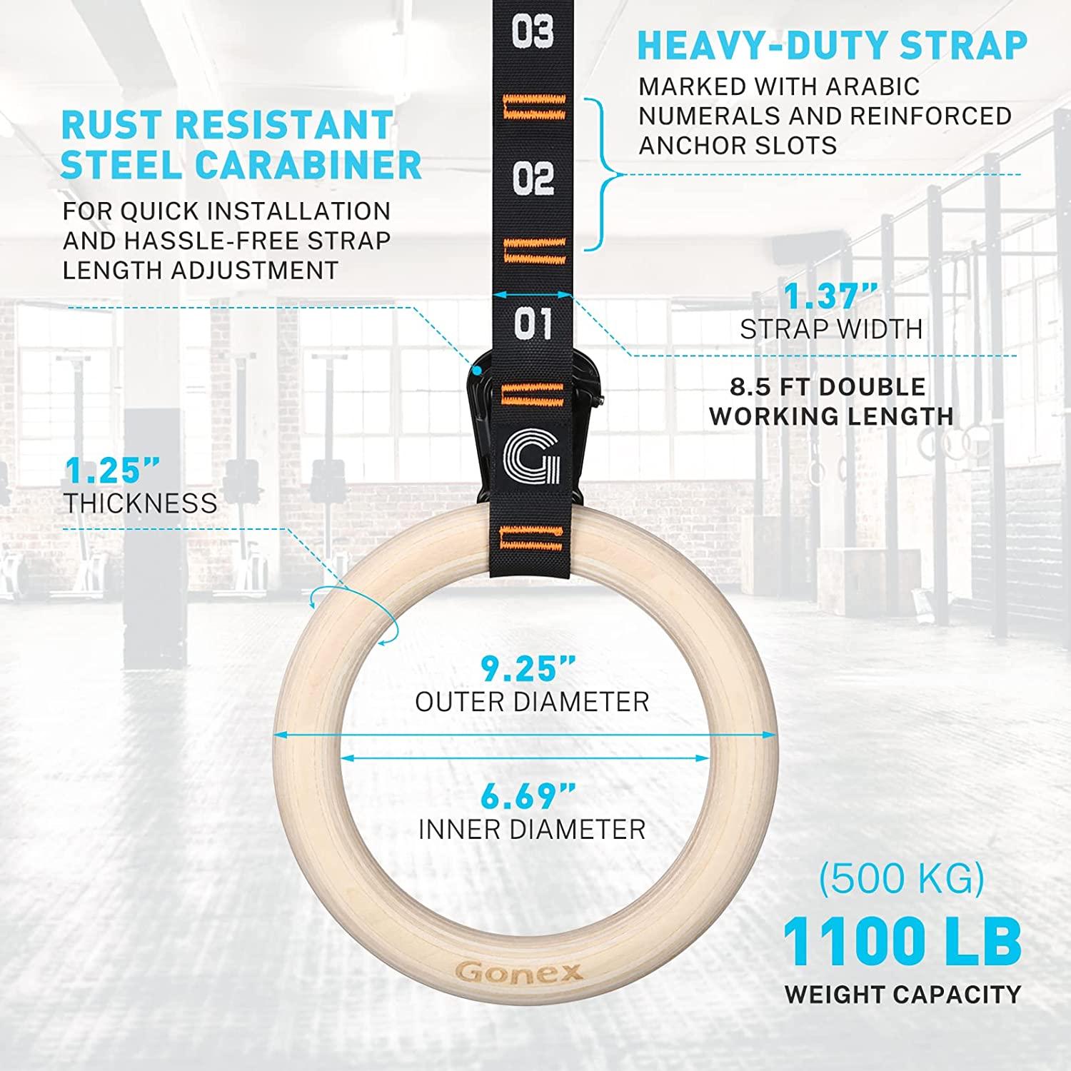 Gonex Wooden Gymnastic Rings with Adjustable Number Straps, Crossfit