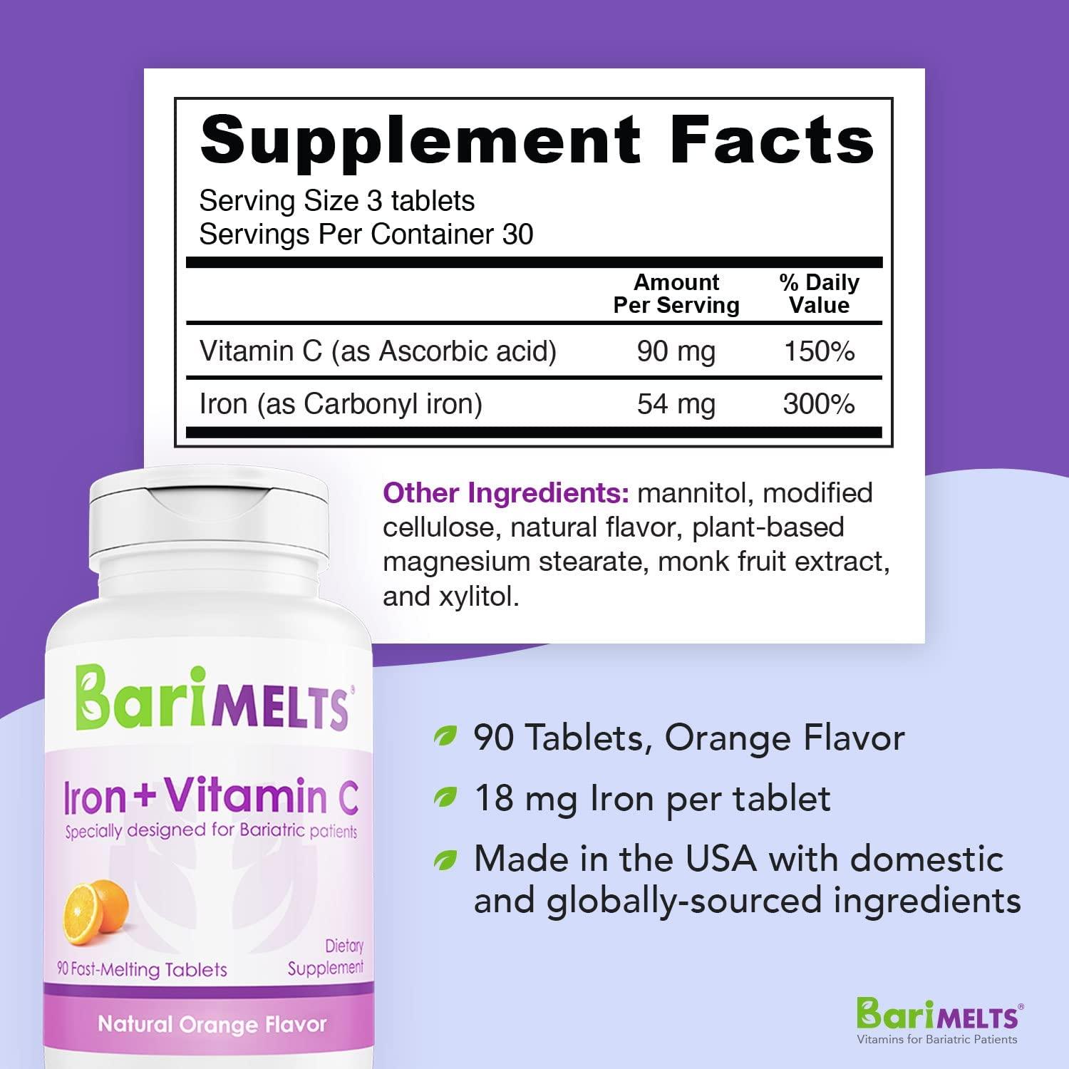 BariMelts Iron with Vitamin C, Dissolvable Bariatric Vitamins for WLS