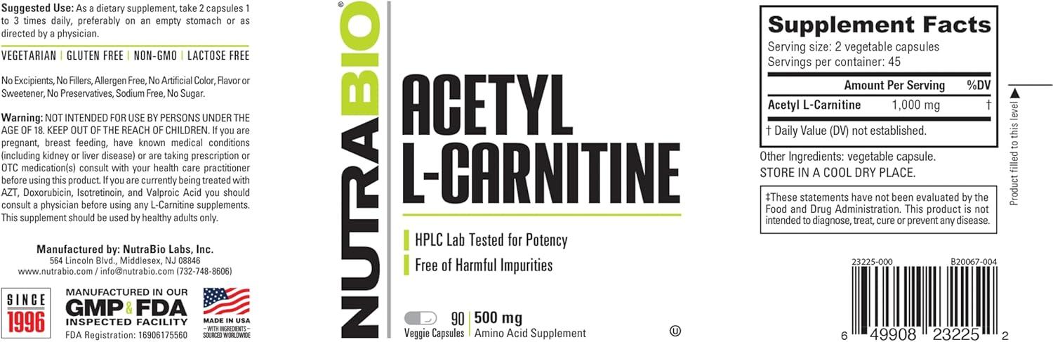 nutrabio acetyl l-carnitine NutraBio Acetyl L-Carnitine 500mg - Boost Energy & Metabolism 90 Capsules -  Premium Health Supplement | Buy Now with Express International Delivery