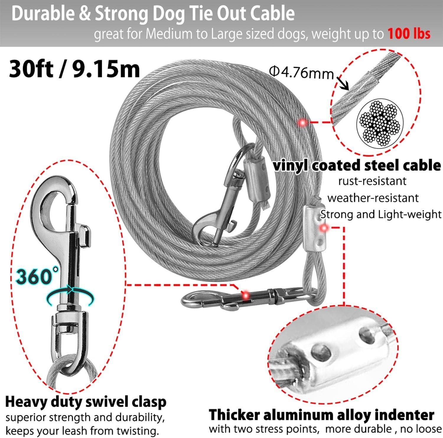 Tangle Free Dog Tether Jenico Heavy Duty Dog Tie Out Cable - 10 To 150FT  Tether With Swivel Hook & Shock Spring Camping Dog Run Cable