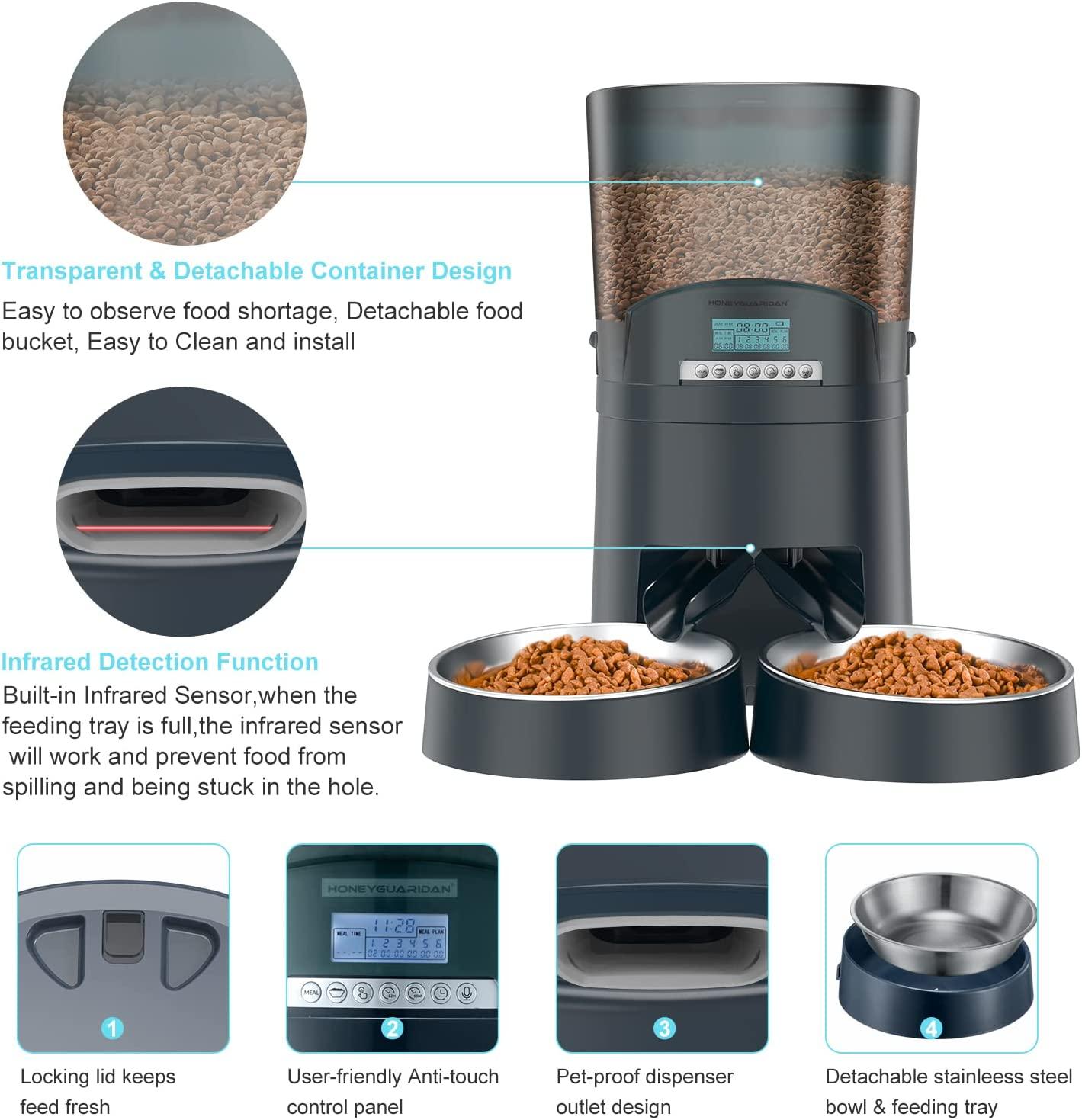 Automatic Cat Feeder for 2 Cats, HoneyGuaridan 6.5L/4.5L Pet Feeder for