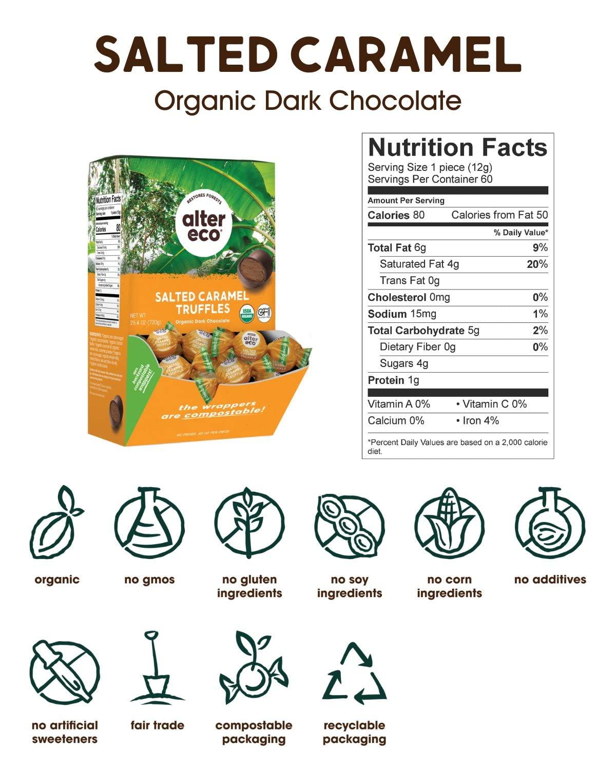 Alter Eco Salted Caramel Truffles 58 Pure Dark Cocoa, Fair Trade