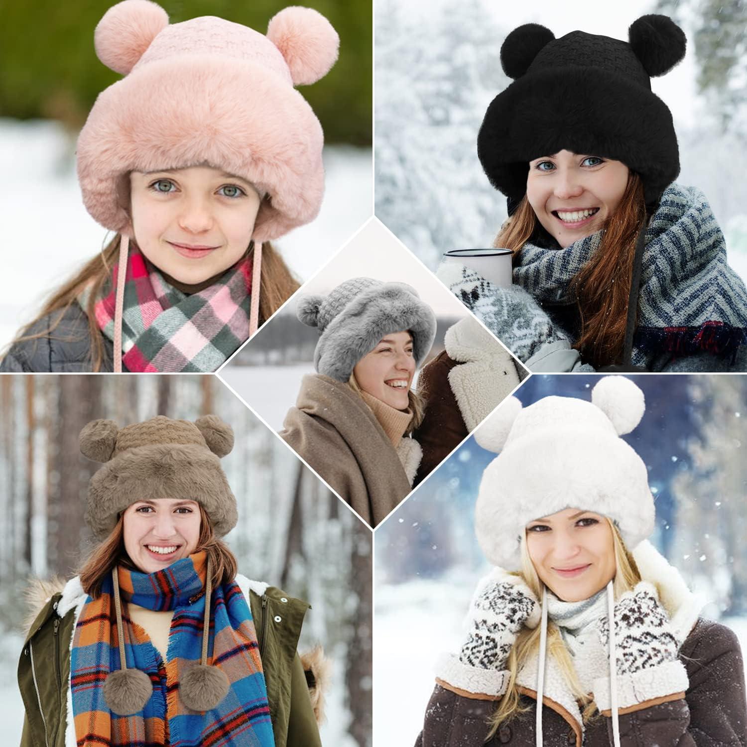 Peicees Winter Fluffy Hats for Women Bomber Hat Warm Knit Beanie