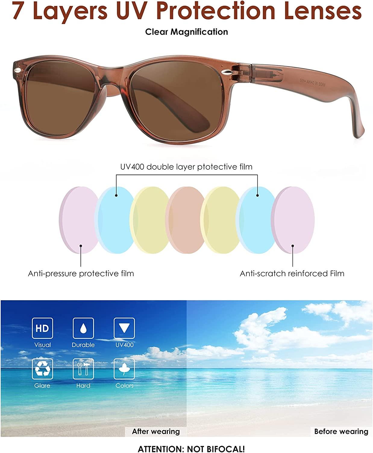 2 Pack Reader Sunglasses for Men Women Classic Rectangle Reading Glasses  Outdoor Full Lenses Magnifying Eyewear Non Bifocal 2 Color-matte Black /  Bright Brown 1.25 x