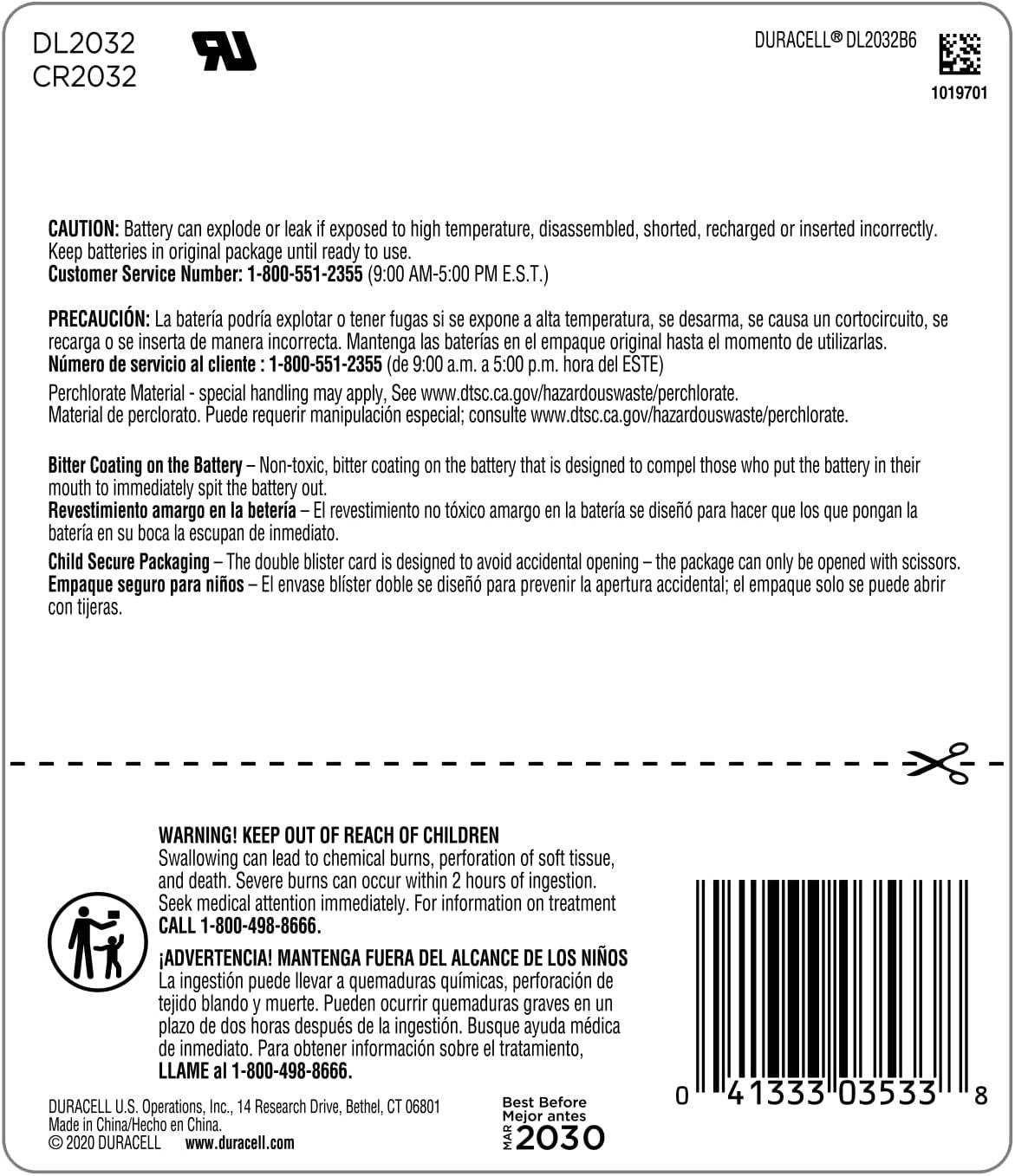 Duracell CR2032 3V Lithium Battery, 8 Count Pack, Bitter Coating