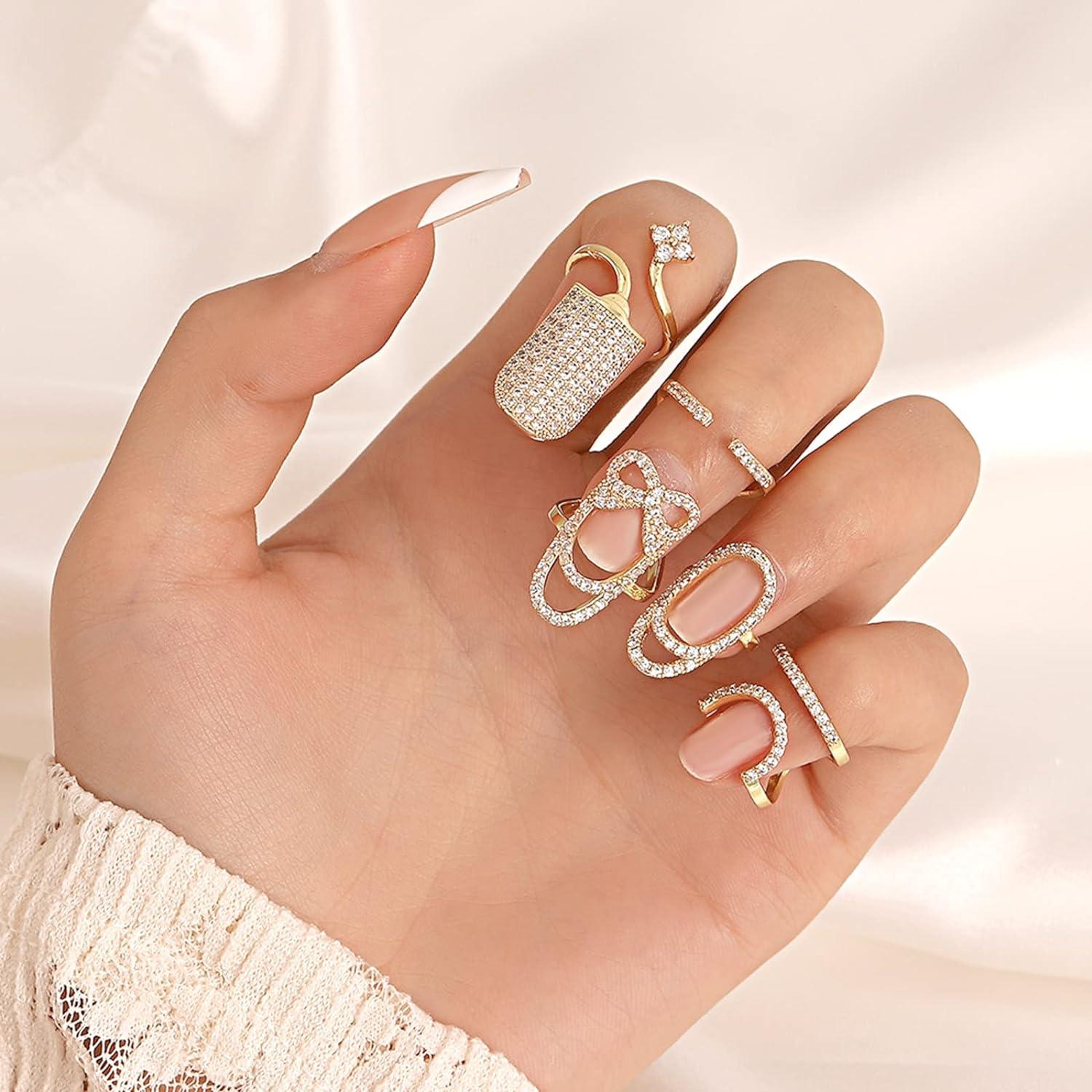 4 Pcs Finger Nail Ring for Women Rhinestones Finger Tip Rings Finger Nail  Jewelry Gold Metal Nail Decoration Nail Protect 4pcs