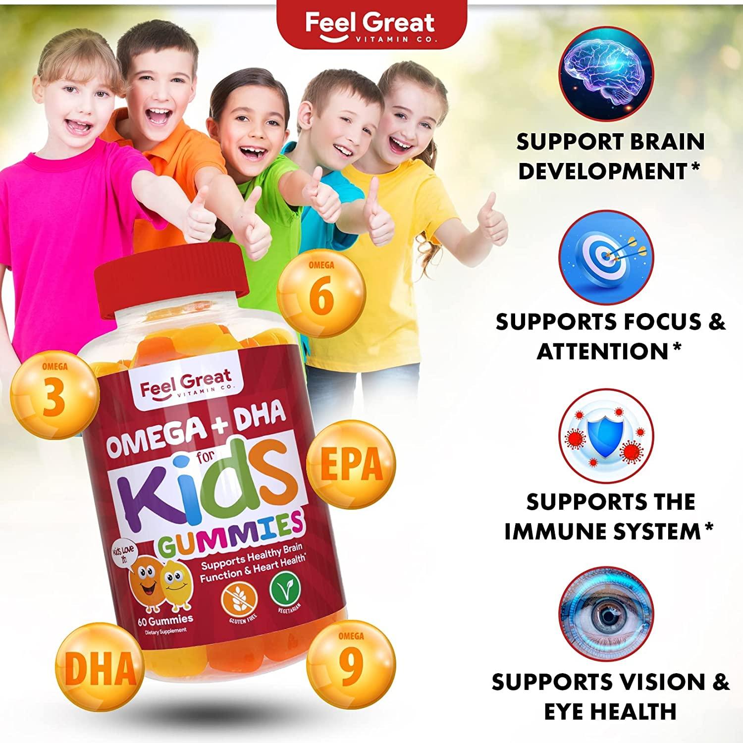 Feel Great Vitamin Co. Kids DHA Gummies with Omega 3 6 9 + DHA & Vitamin C Brain Vision
