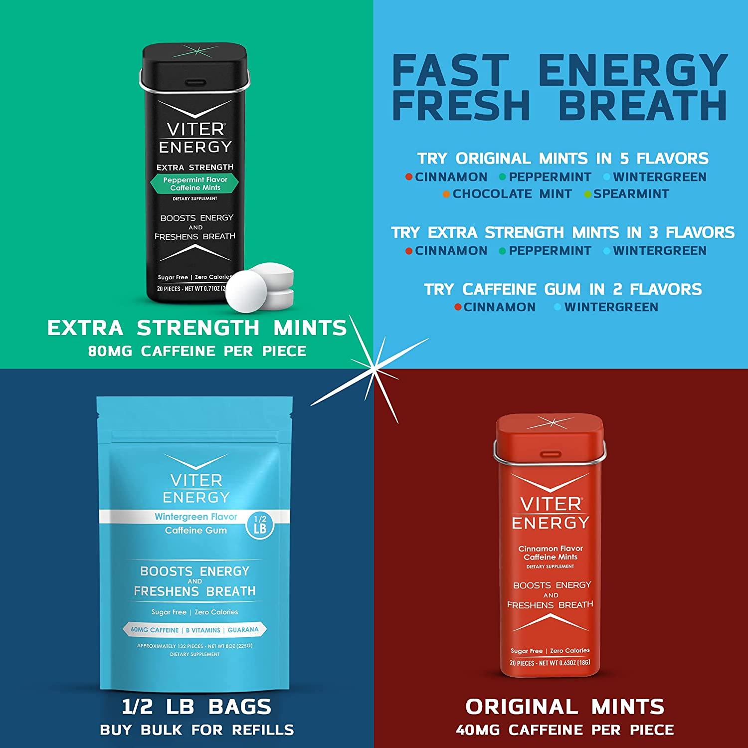 Viter Energy Caffeinated Gum 2 Flavor Variety Pack. 60mg Caffeine, B