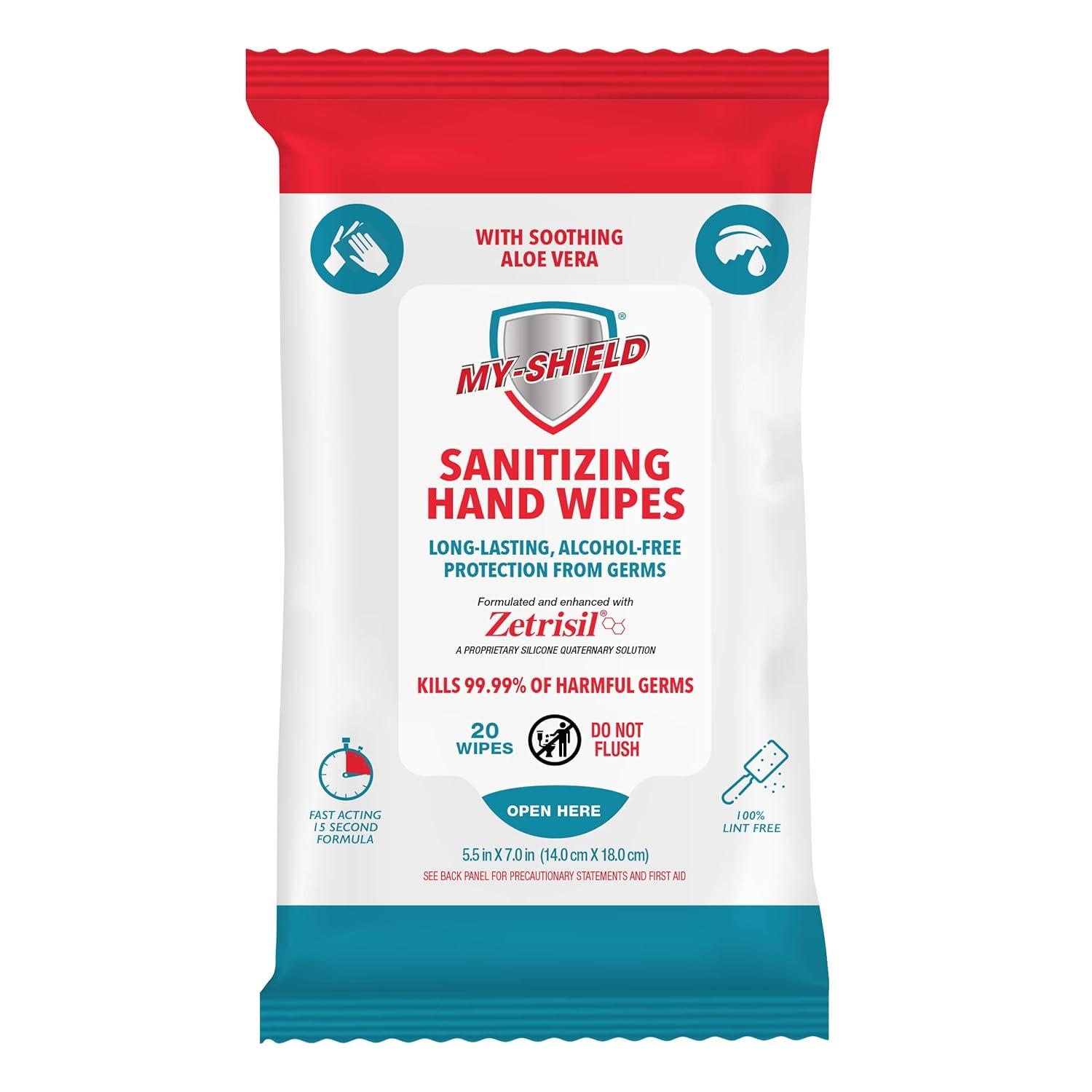 My-Shield Sanitizing Hand Wipes - Travel Pack - 20 Count (4-pack)  Alcohol-Free Long-lasting Protection. Kills 99.9% of Germs. Moisturizes  With Aloe Vera. Formulated with Zetrisil.