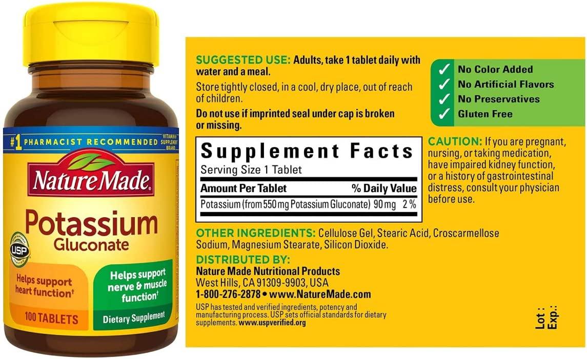 Nature Made Potassium Gluconate 550mg 100 Tablets No Artificial