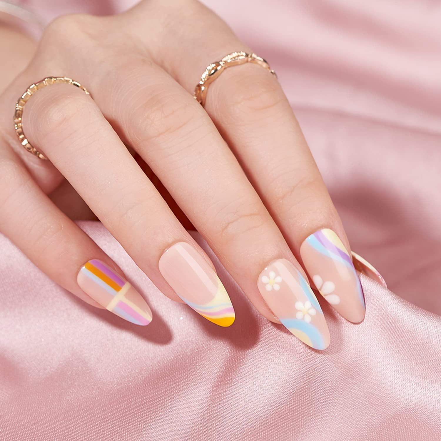 Almond Shaped Fake Nails Medium Press on Nails with Gold Foil and Swirl  Designs Acrylic Nails Cute French Nails with Glue Summer Glossy Stick on  Nails for Women and Girls 24pcs AL21
