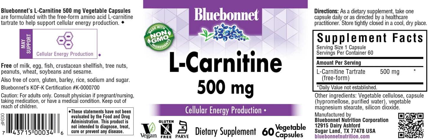 l carnitine bluebonnet Bluebonnet L-Carnitine 500mg Vitamin Capsules White - 60 Count | Buy Now  with Express International Delivery