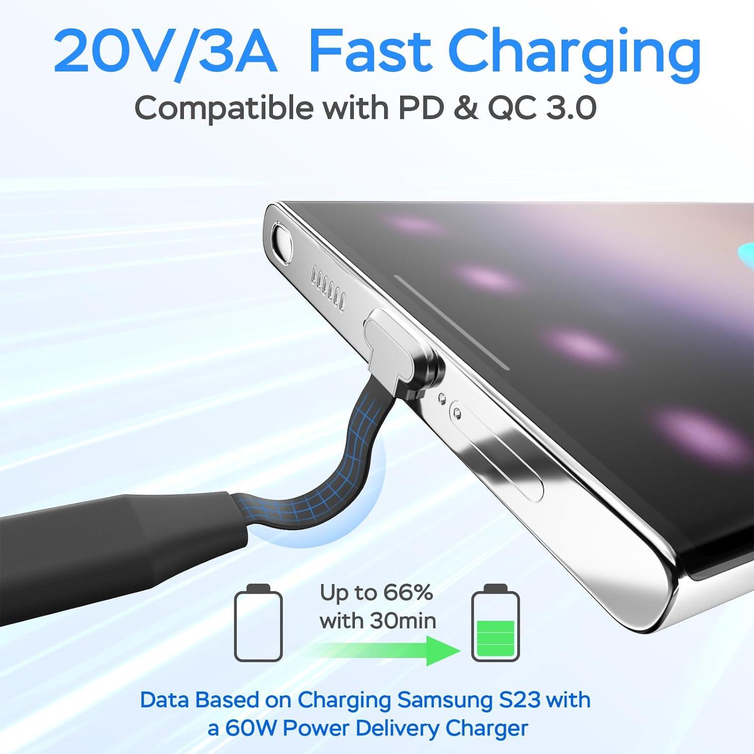 USB C Charger Cable, 60W 3.3ft Detachable Type C Charging Cable, Flat  90-Degree C-Port, High-Speed Data Transfer Compatible with Samsung