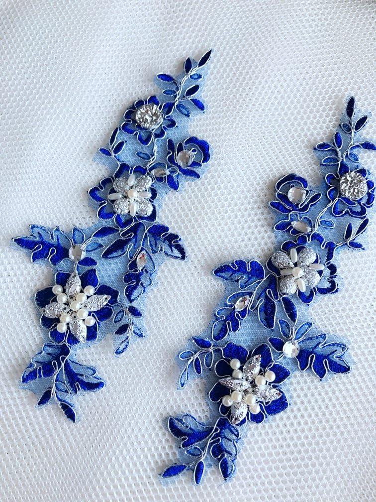 wtbv.n Hand made crystal sequins patches 24x9cm sew on Rhinestones royalblue lace applique for dress DIY accessories