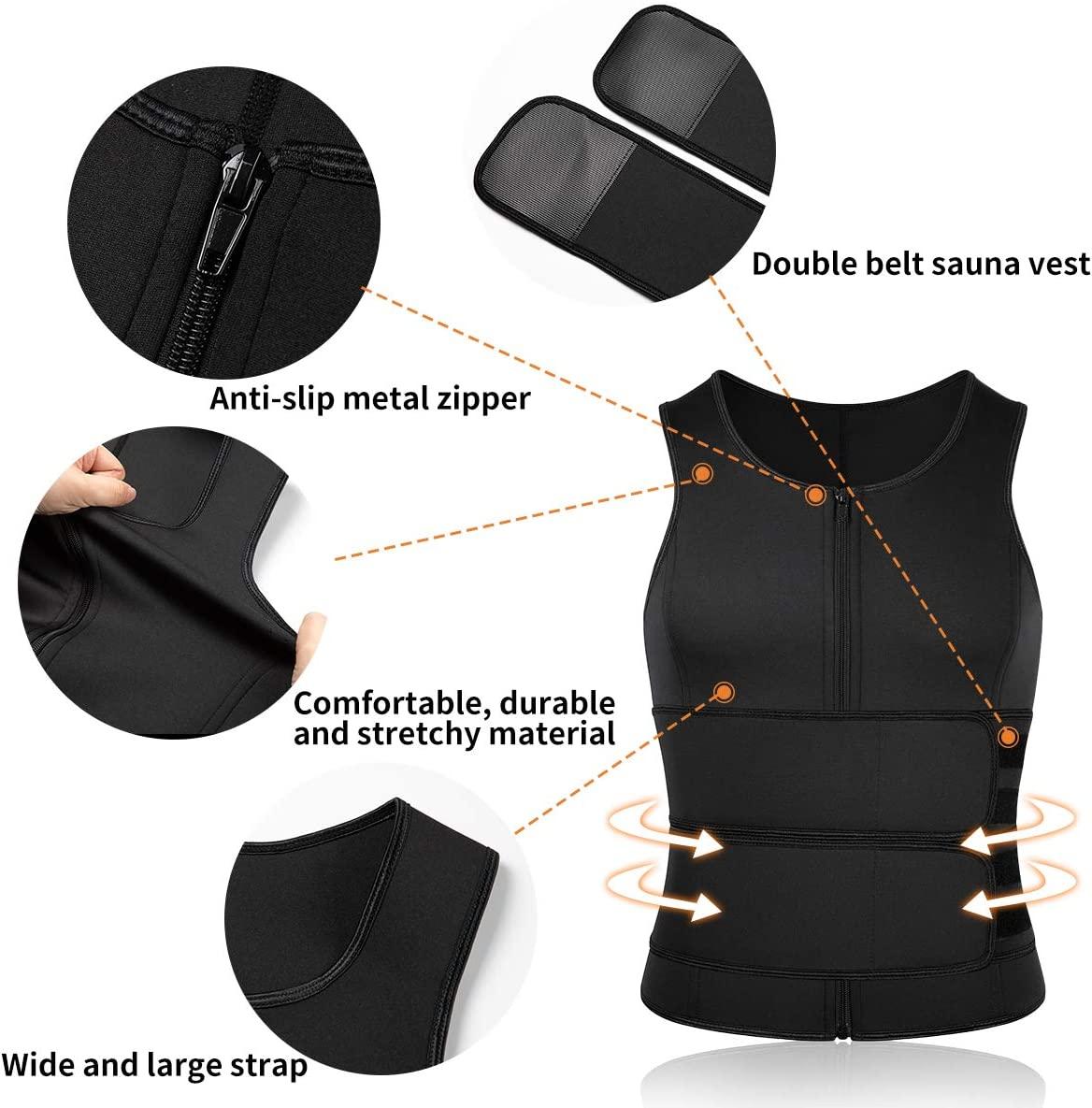 SHAPERIN Men Neoprene Sauna Zipper Waist Trainer Vest Tank Top Black Large