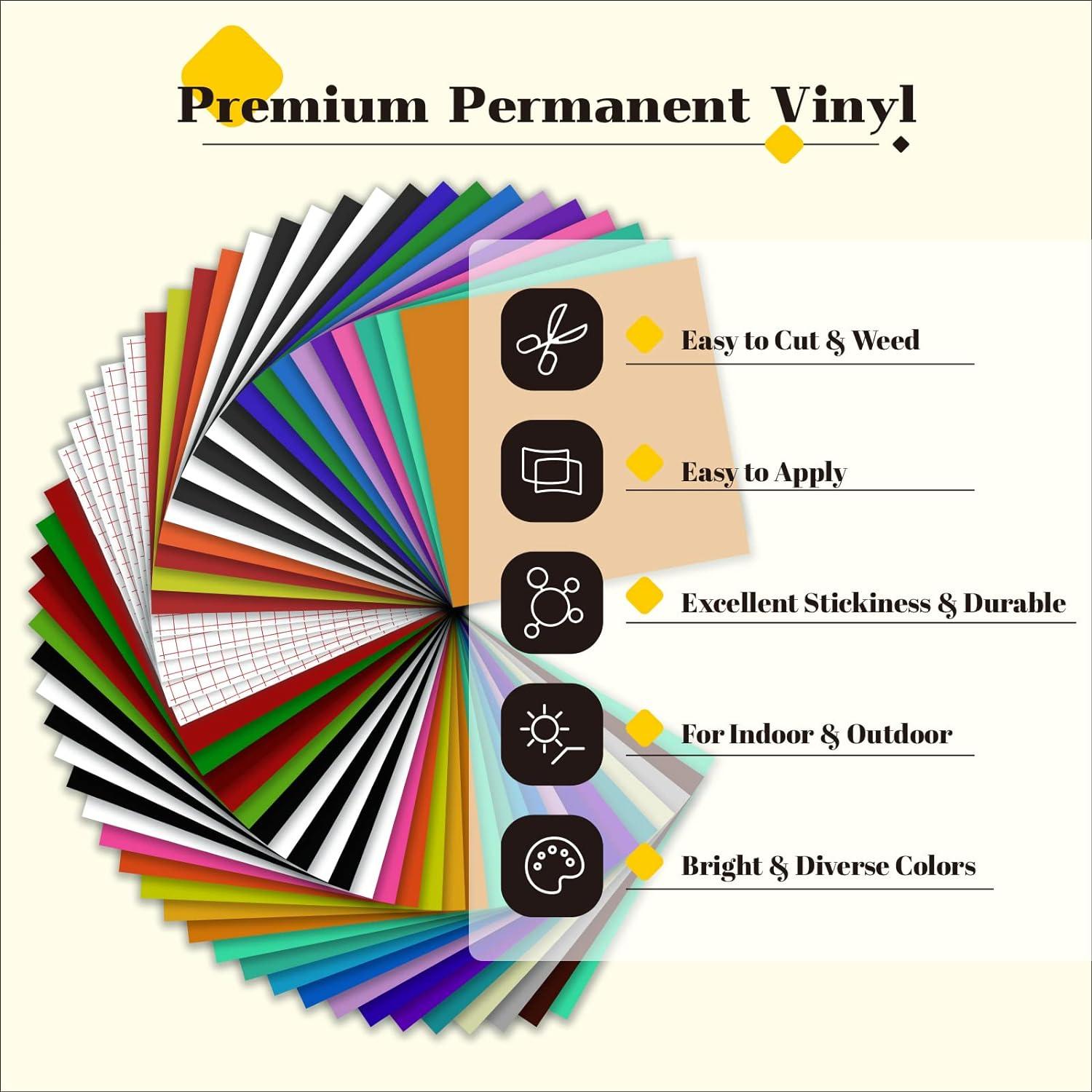 HTVRONT Permanent Vinyl for Cricut Machine-57 Pack 12 x 12 Permanent Vinyl  Bundle 52 Adhesive Vinyl Sheets & 5 Transfer Tape for Vinyl Permanent  Multicolored