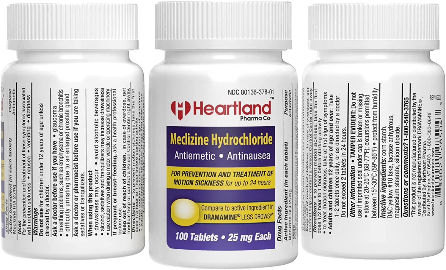Buy Heartland Pharma Meclizine 25mg Tablets 100 Count Made in USA