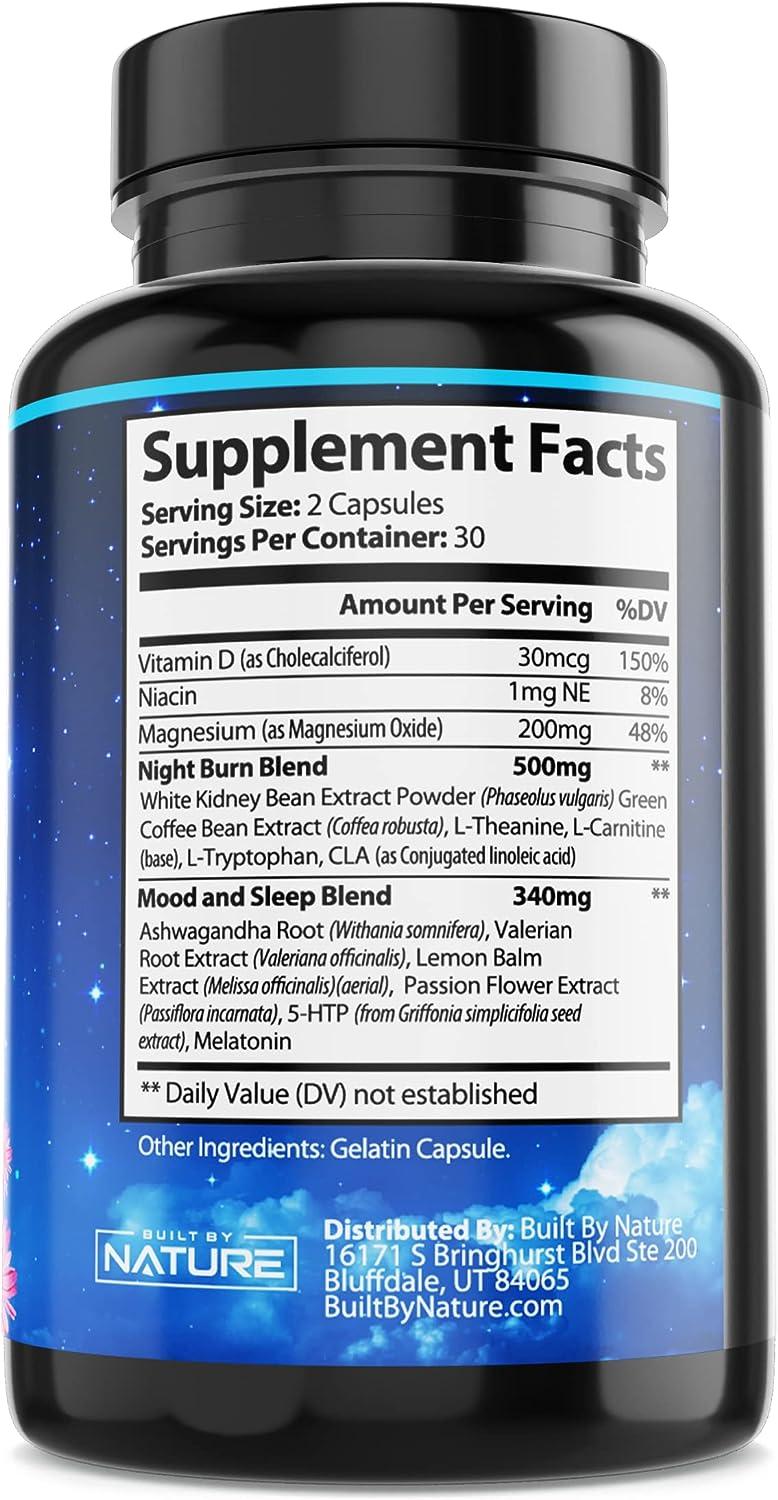  Night Time Fat Burner - Carb Blocker, Metabolism Booster,  Appetite Suppressant and Weight Loss Diet Pills for Men and Women with  Green Coffee Bean Extract and White Kidney Bean - 60