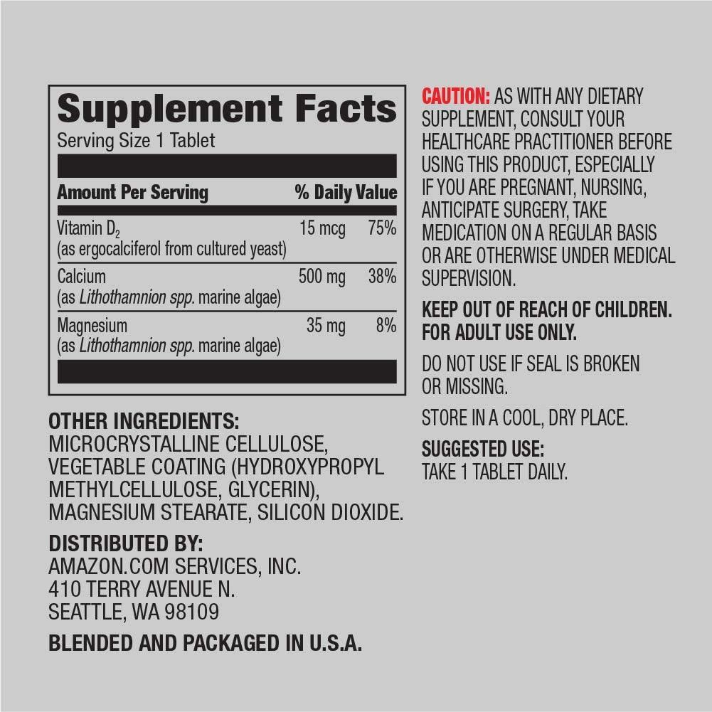 Amazon Elements Calcium plus Vitamin D, Calcium 500mg with D2 600IU