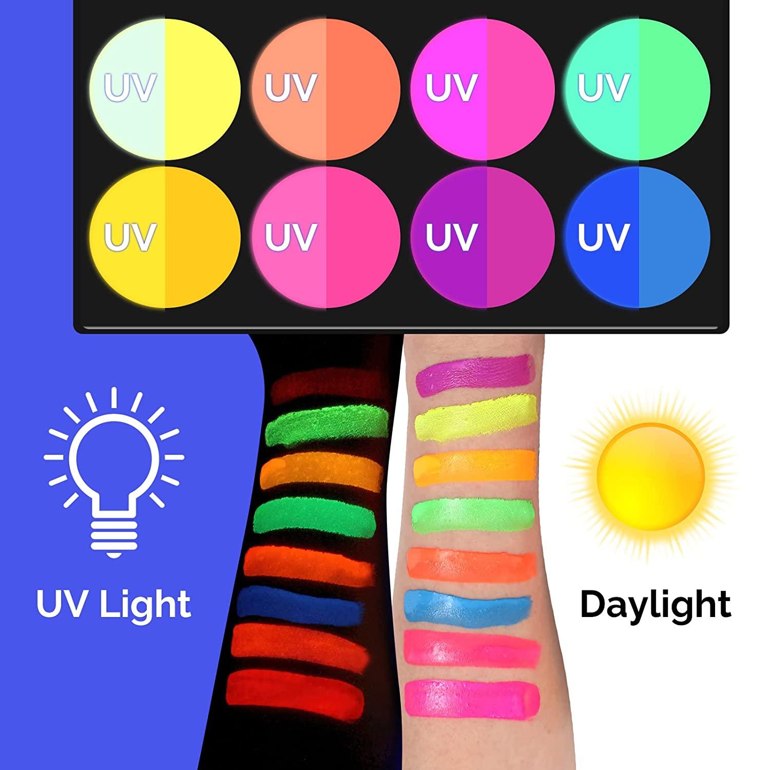 Neon-Face-Paint Nontoxic-and-Washable-Neon-Body-Paint UV-Glow-Paint-in  the-Black-Light-with-Brush-and-Mode-Cards  Glow-in-the-Dark-Paint-for-Halloween-Festivals-Party-Cosplay-Chritsmas  8-Vibrant-Colors