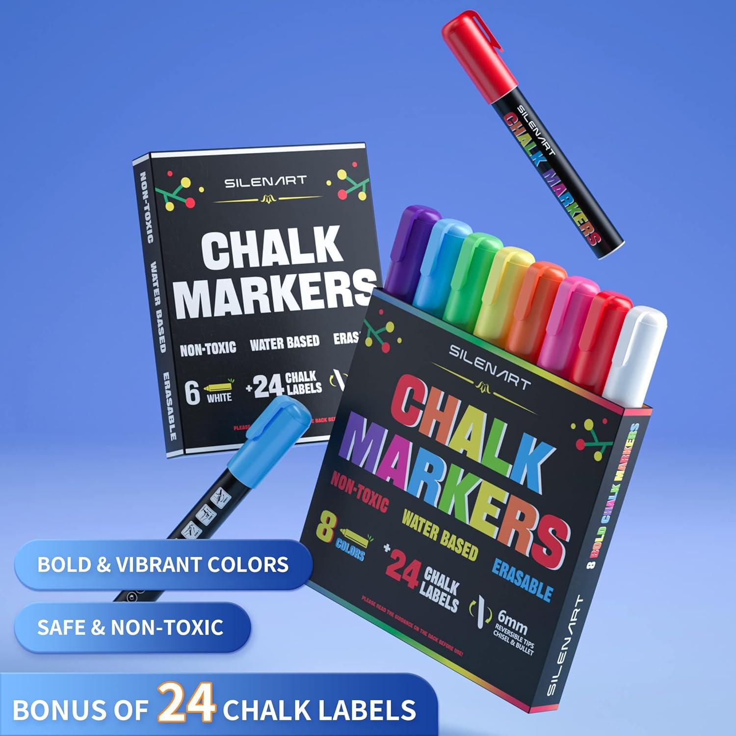 SILENART Durable Chalk Markers - Includes 8 Long-lasting Colors and 24  Labels - Chalkboad Markers for Kids Liquid Chalk Markers Erasbale Window  Markers for Car Glass Washable Reversible Tip 1 Count (Pack of 8)
